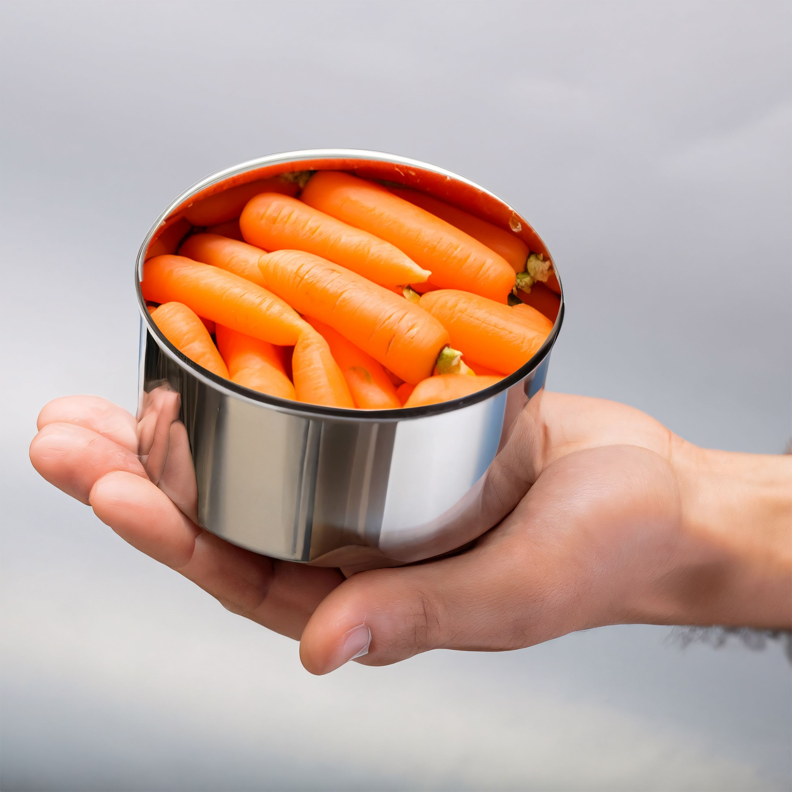 Hand hält eine Metallschüssel mit frischen, ganzen, orangefarbenen Karotten.