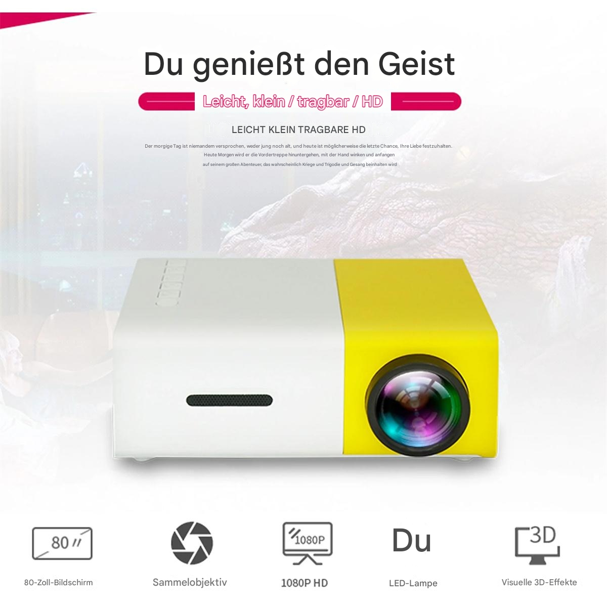 Ein weißer und gelber Projektor mit Linse.