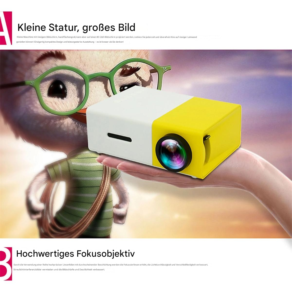 Gelb-weißer Mini-Projektor in der Hand, mit Text über Bildqualität und einer Cartoonfigur.