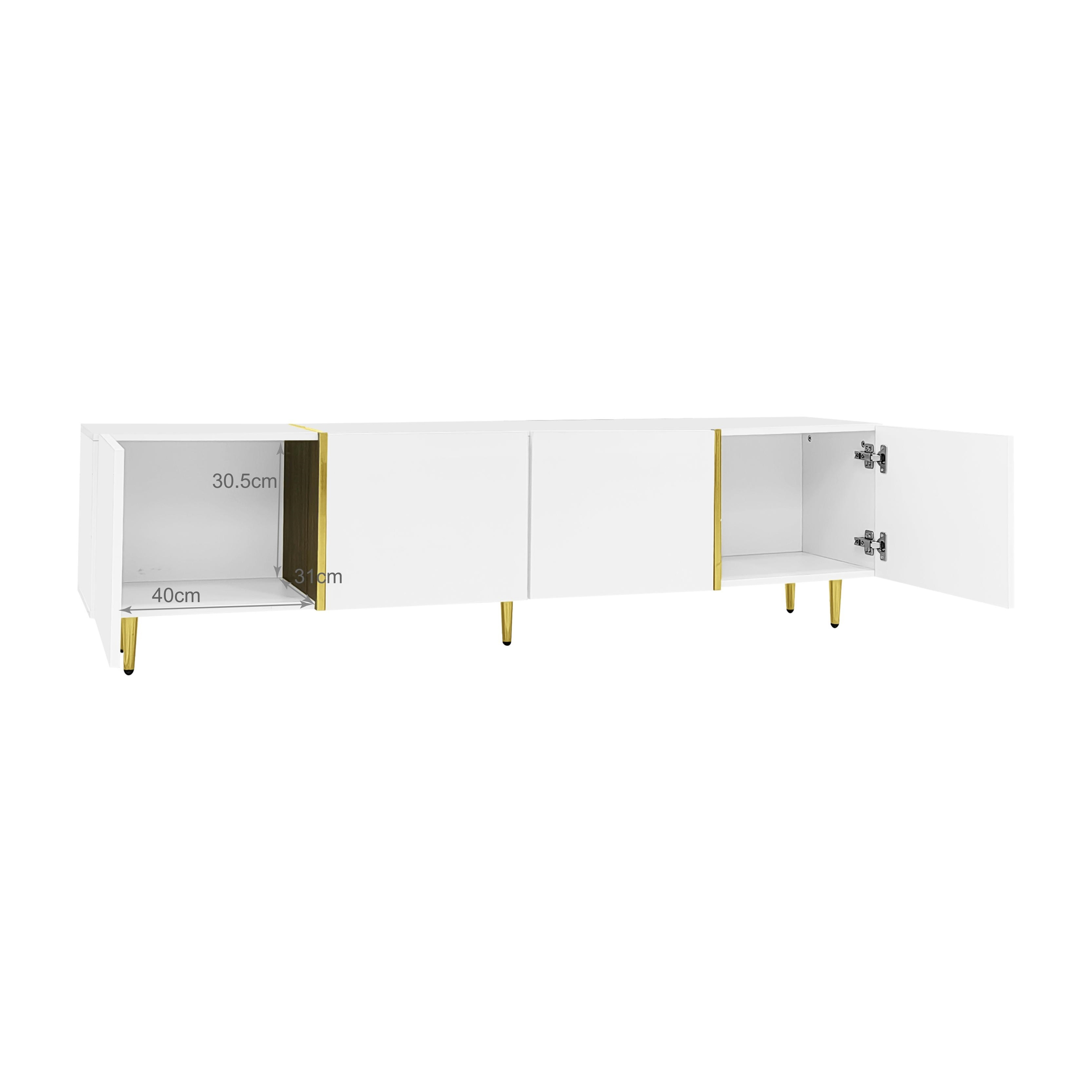 Ein weißer Schrank mit goldenen Akzenten. Die Türen sind geöffnet und zeigen das Innere.