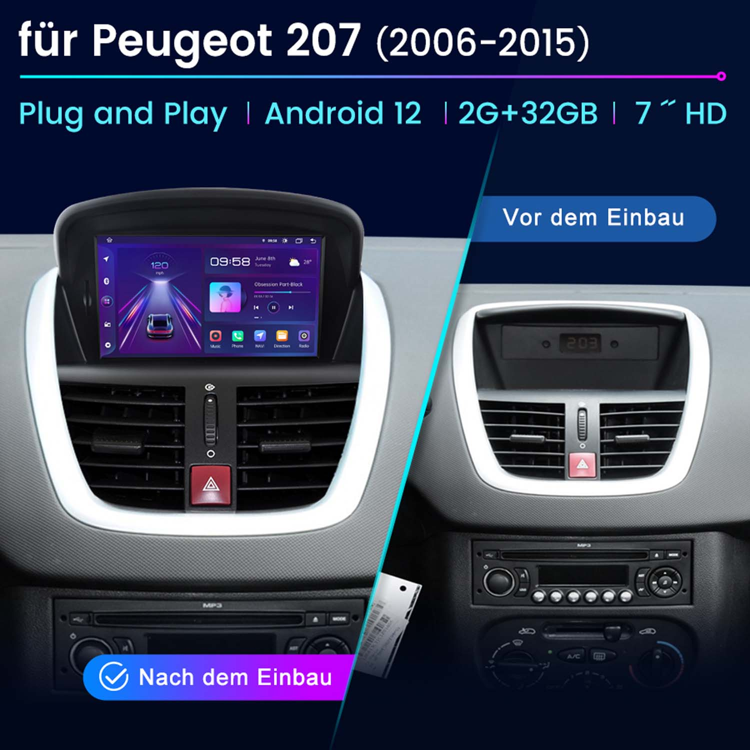 Ekran radia samochodowego, pokazujący przed i po instalacji. Info: Android 12, 2G+32GB i 7" HD.