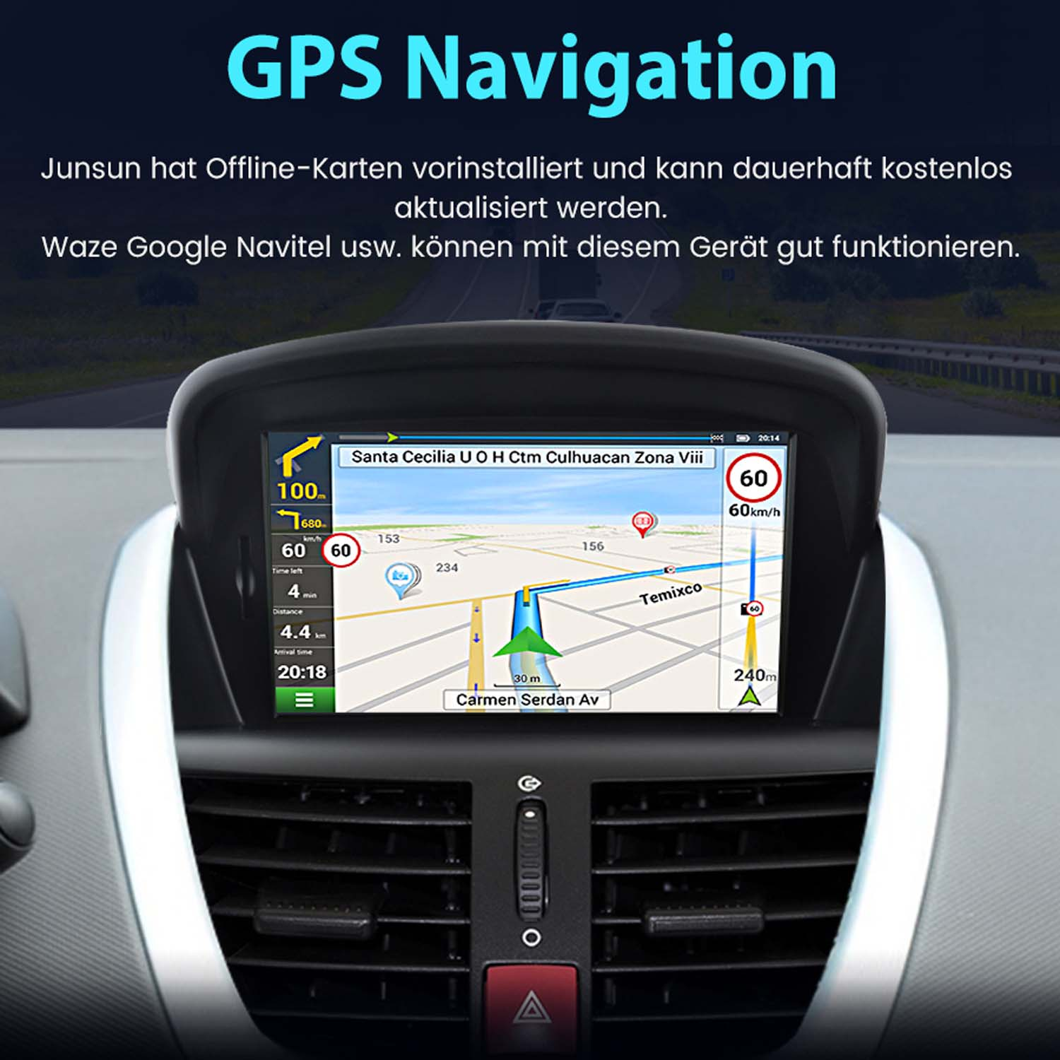 Deska rozdzielcza samochodu z ekranem GPS wyświetlającym mapę i szczegóły nawigacji. Prędkość to 60 km/h.
