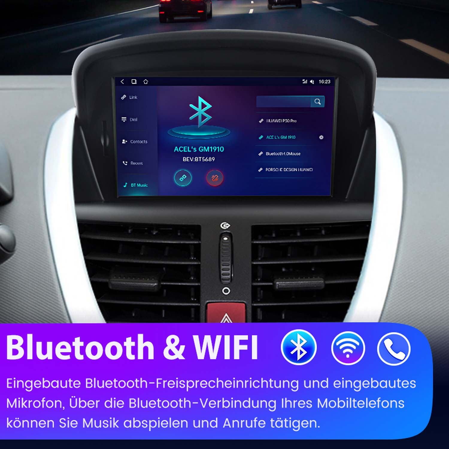 Deska rozdzielcza samochodu wyświetla ekran z ikonami Bluetooth i Wi-Fi, pokazujący muzykę i szczegóły połączenia.