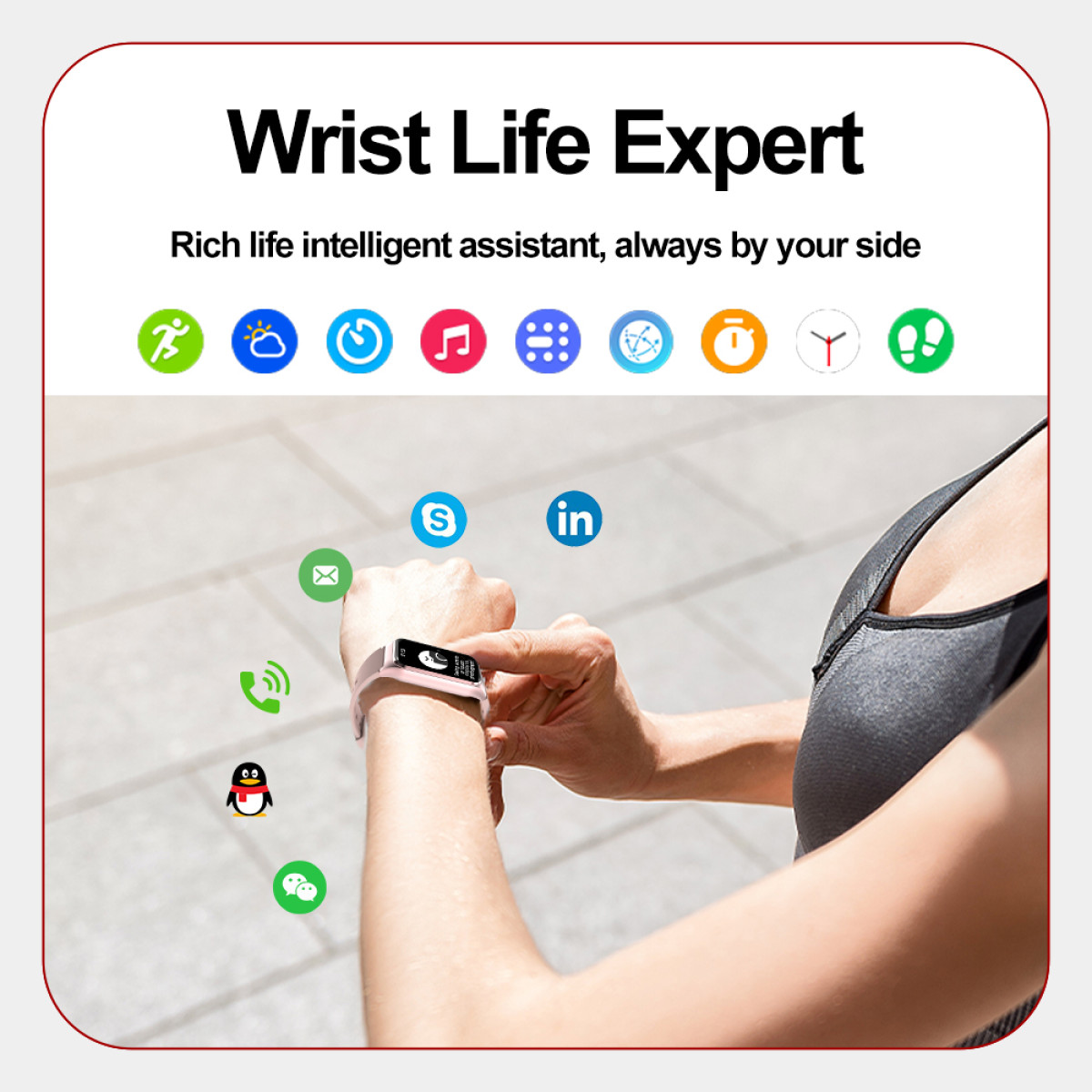 Eine Armbanduhr mit pinkfarbenem Armband, die Apps anzeigt. Ein Arm einer Person ist im Bild.