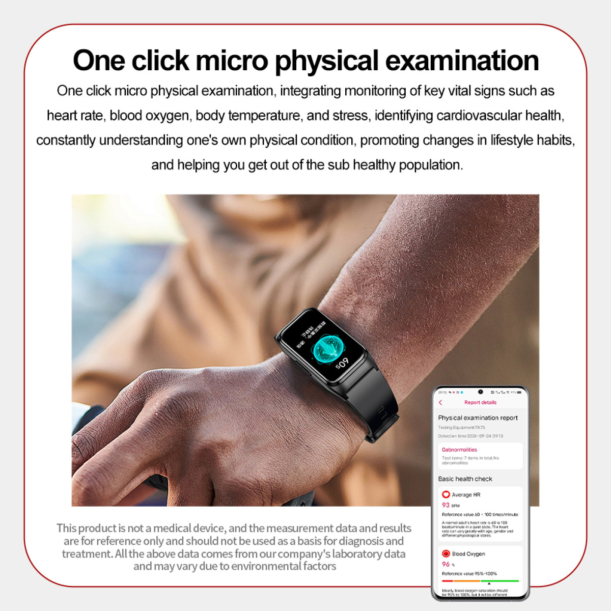 Handgelenk mit Smartwatch, die Gesundheitsdaten anzeigt. Ein Bericht auf dem Telefon zeigt Herzfrequenz und Blutsauerstoff.