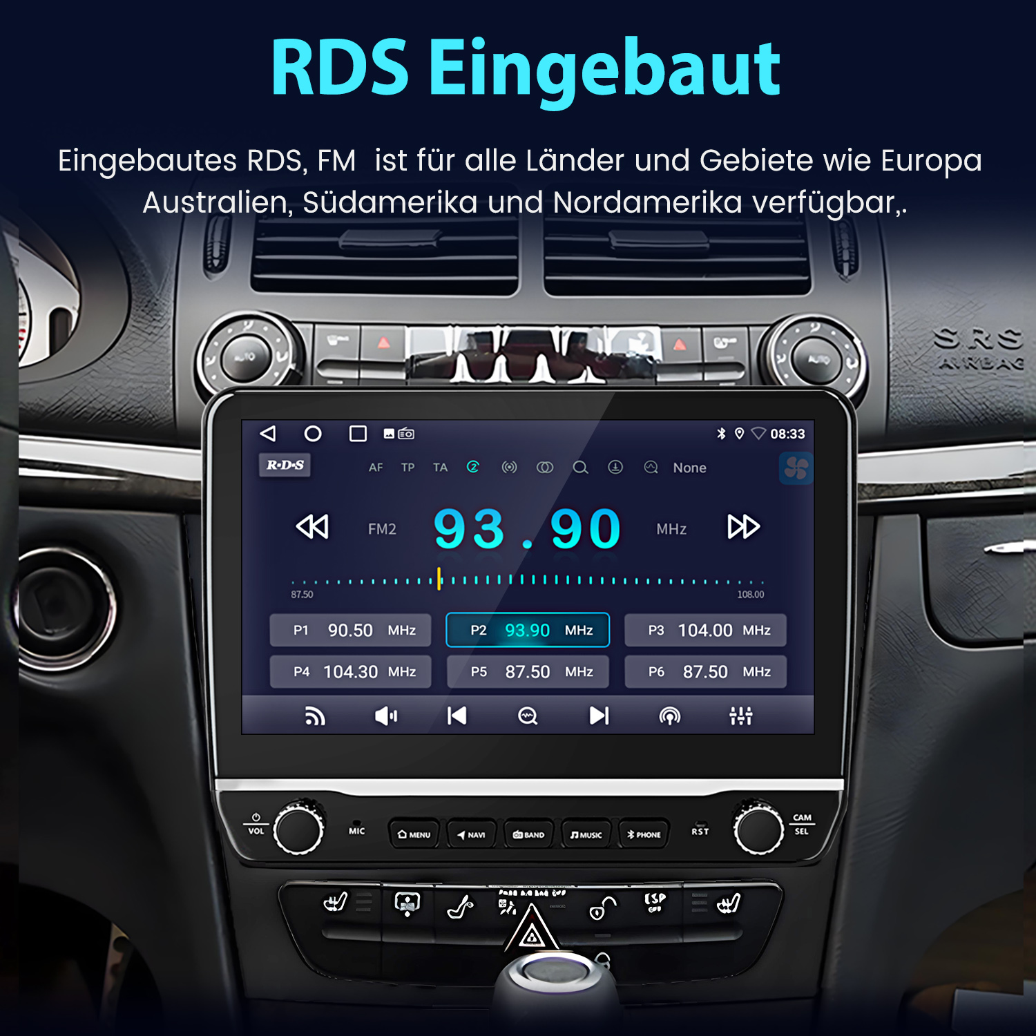 Das Armaturenbrett eines Autos mit einem Multimedia-Bildschirm, der Informationen anzeigt.