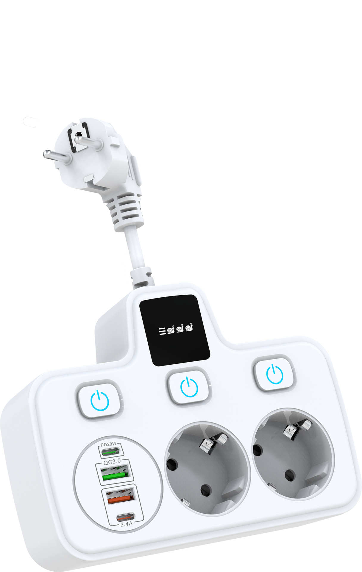 Weiße Steckdosenleiste mit drei Steckdosen, drei USB-Anschlüssen und einem Stecker.