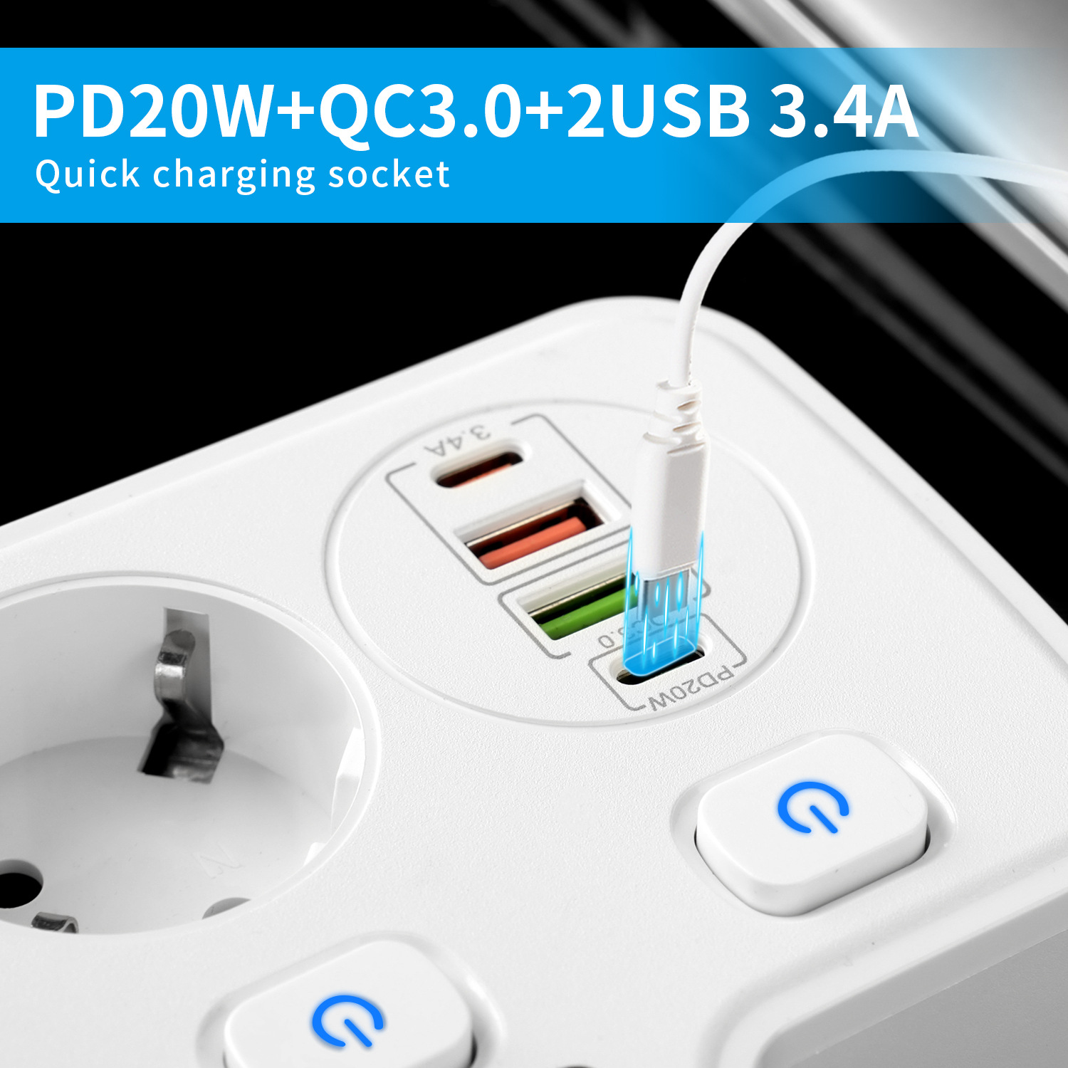 Weiße Steckdosenleiste mit Ladeanschlüssen und Ein-/Aus-Tasten. USB-Anschlüsse sind sichtbar.