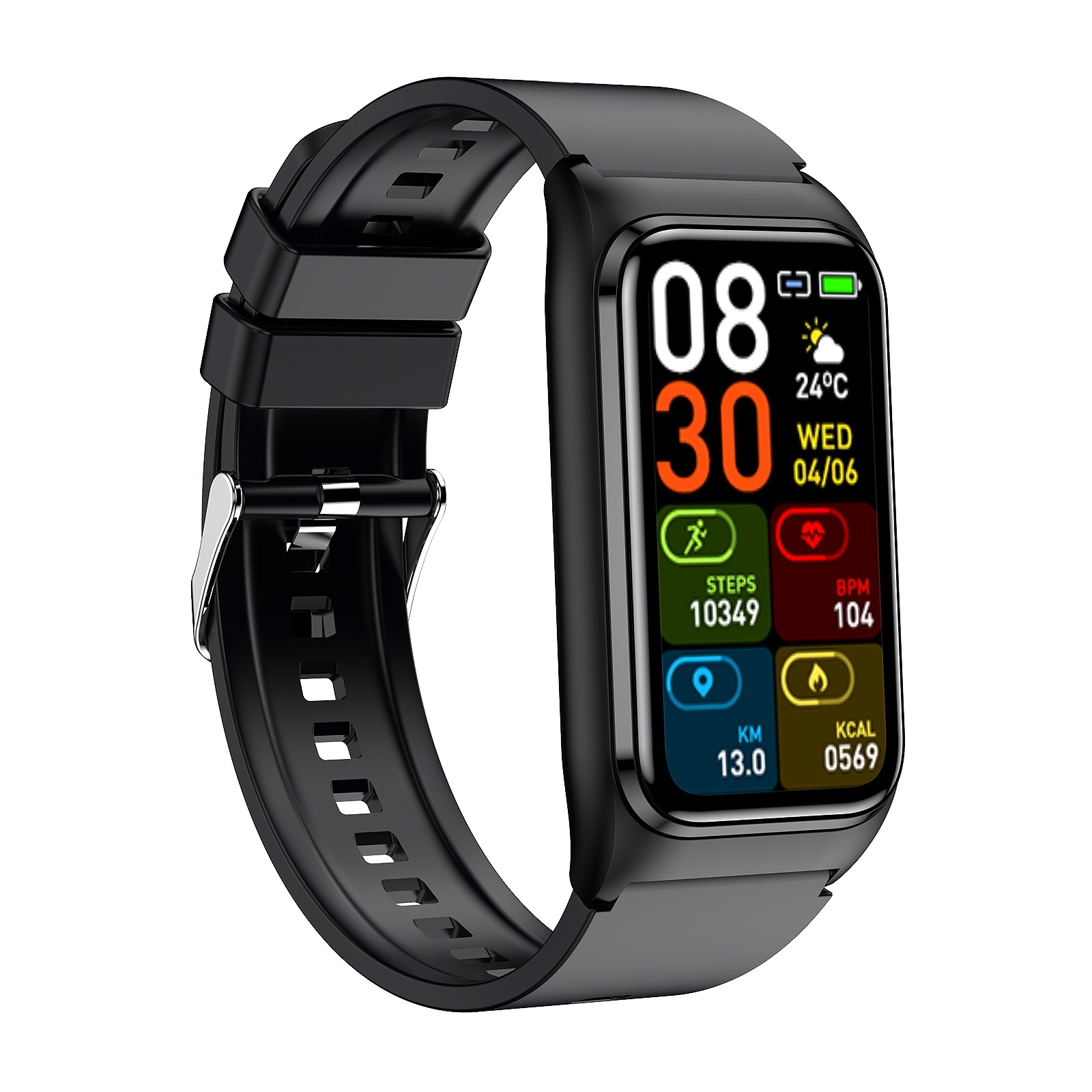 Schwarze Smartwatch mit digitalem Display, das Zeit, Datum, Temperatur, Schritte, BPM, Entfernung und Kalorien anzeigt.