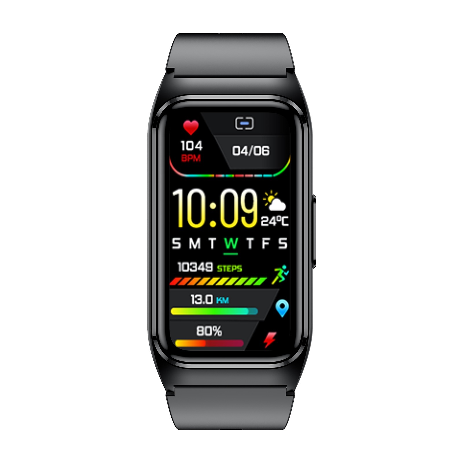 Eine schwarze Smartwatch zeigt Herzfrequenz, Zeit, Datum, Schritte, Distanz, Akku, Wetter und Standortdaten auf einem farbigen Bildschirm.