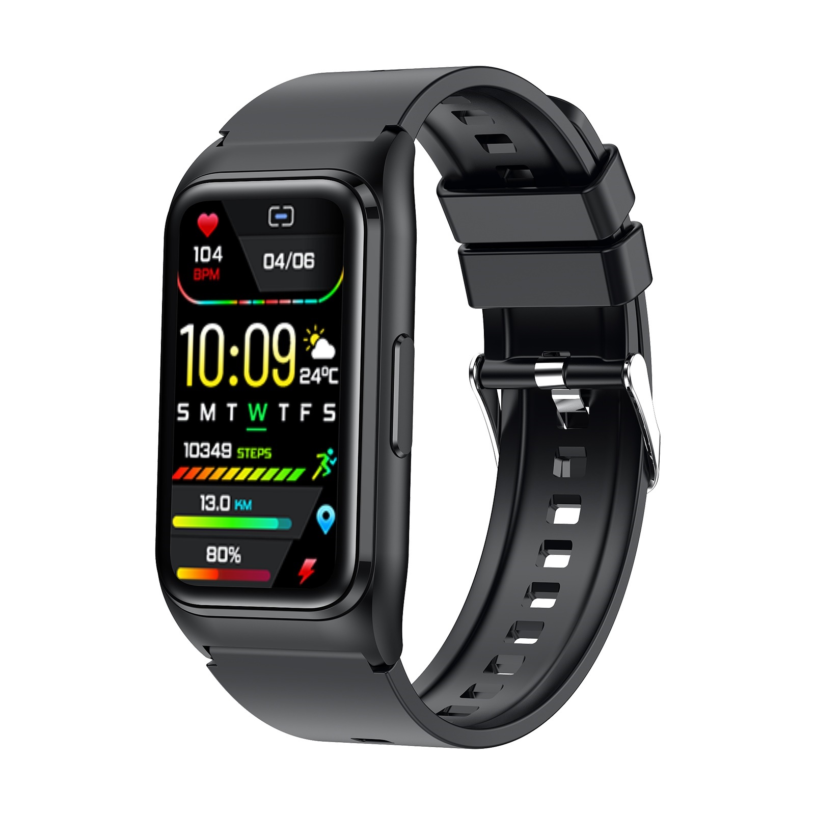 Eine schwarze Smartwatch zeigt Gesundheitsmetriken an: Herzfrequenz, Zeit, Schritte, Distanz und Akku. Ein schwarzes Armband sichert die Uhr.