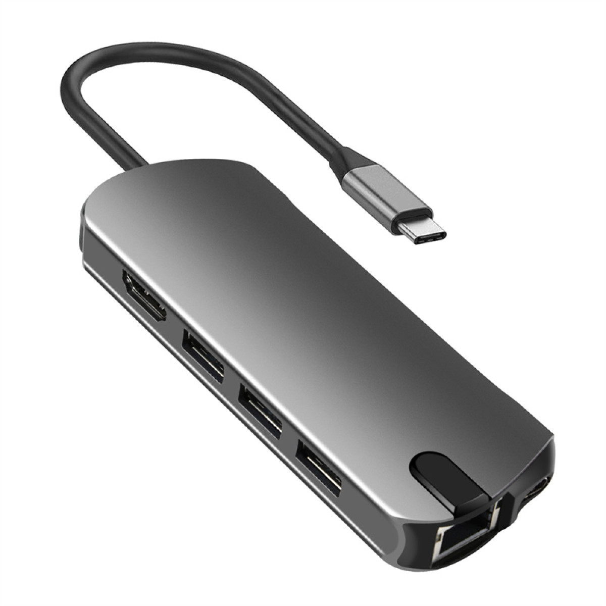 Un concentrador USB-C gris con múltiples puertos y un cable negro.