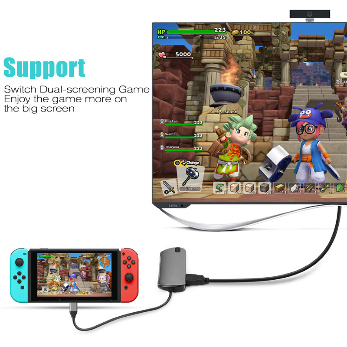 Una Nintendo Switch conectada a una pantalla, con un juego en curso.