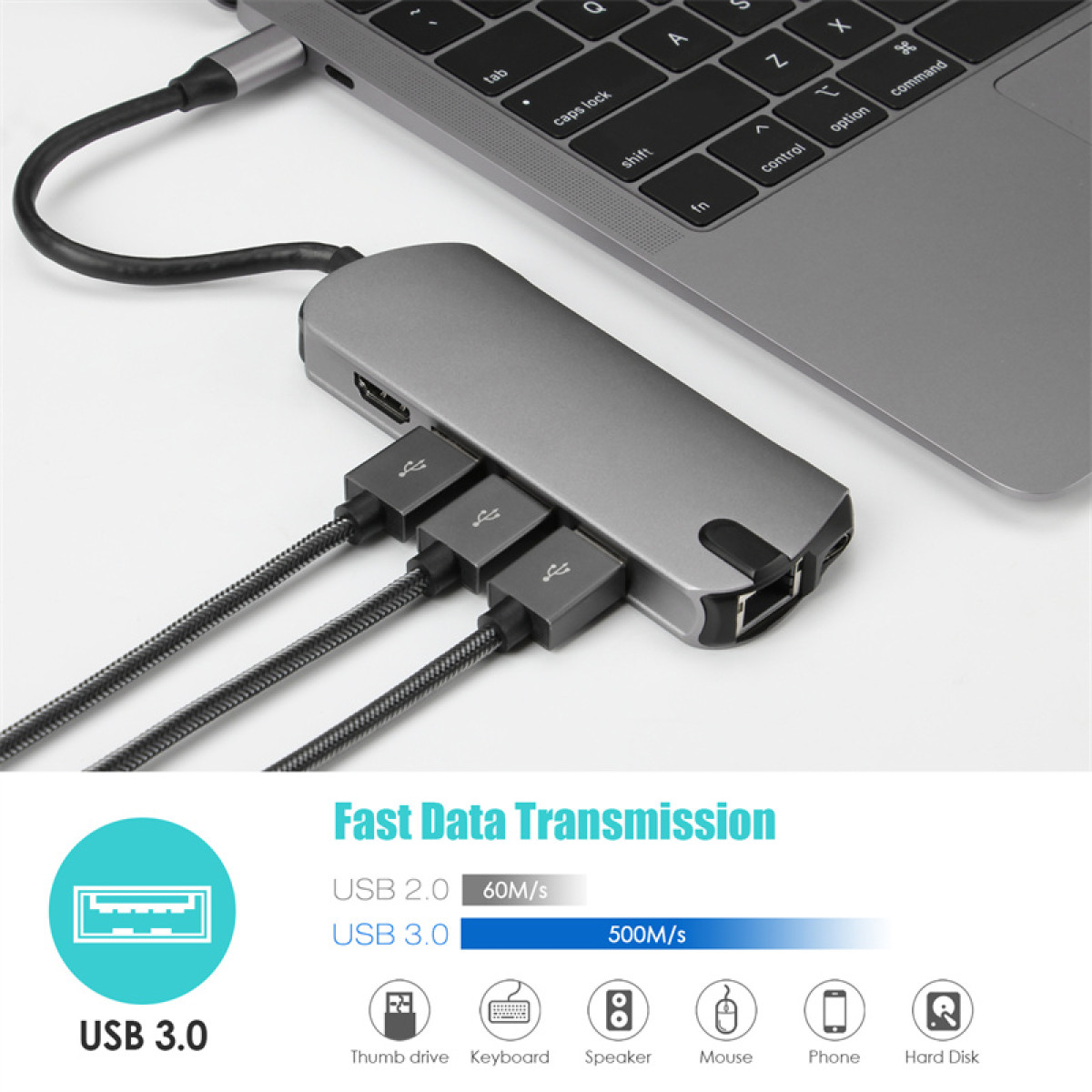 Concentrador USB 3.0 conectado a la laptop. Muestra puertos para unidad flash, teclado, altavoz, ratón, teléfono.