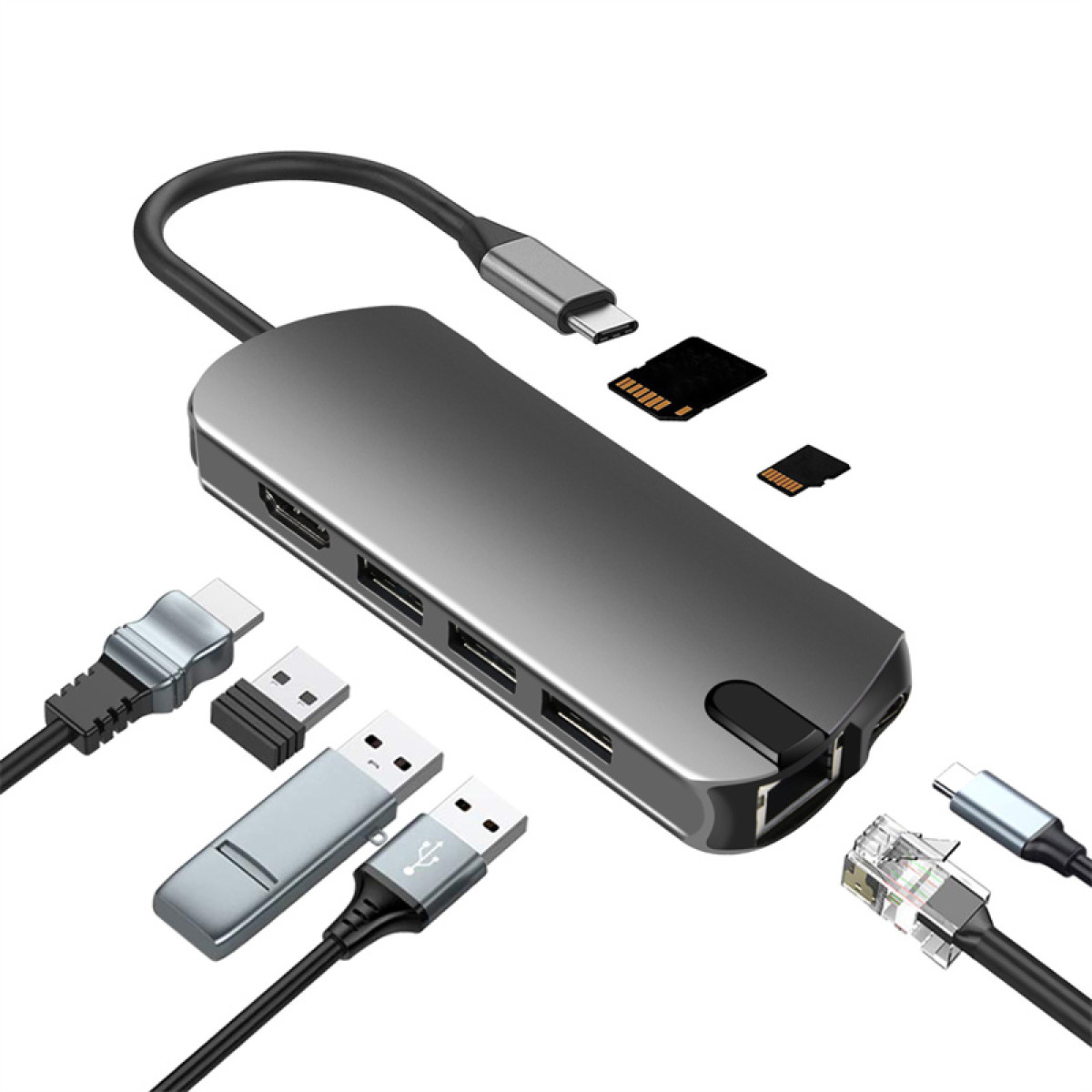 Un concentrador USB gris con varios enchufes conectados, incluidos USB y Ethernet.