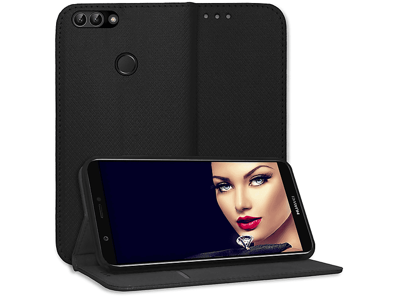 Cover A Libro In Pelle Per Huawei P Smart 2018 / Enjoy 7S – Porta Carte E Supporto Orizzontale, Blu