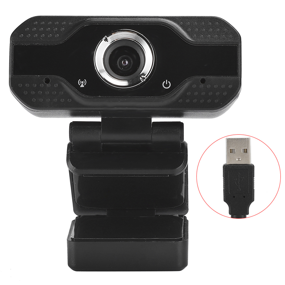 Eine schwarze Webcam, ein USB-Kabel und ein USB-Anschluss in der unteren rechten Ecke.