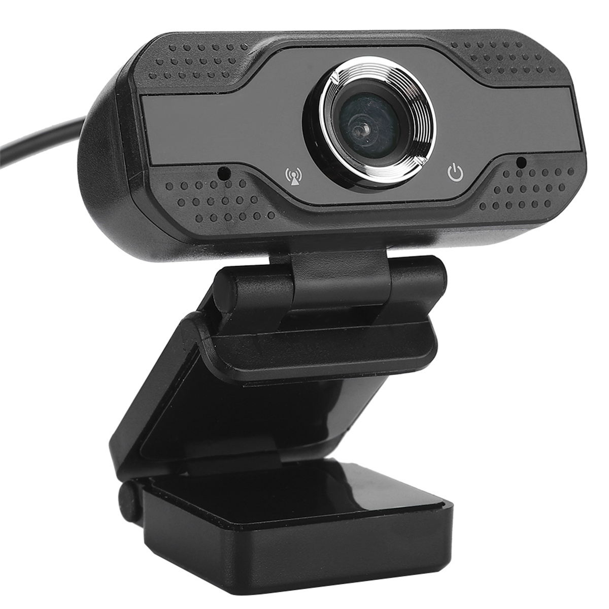 Schwarze Webcam auf Ständer. Linse und Lichter sichtbar. Ständerbasis abgewinkelt.