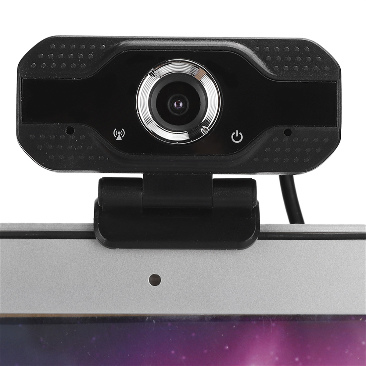 Schwarze Webcam auf einem Laptop-Bildschirm. Die Webcam hat eine Linse und eine Betriebsanzeige.