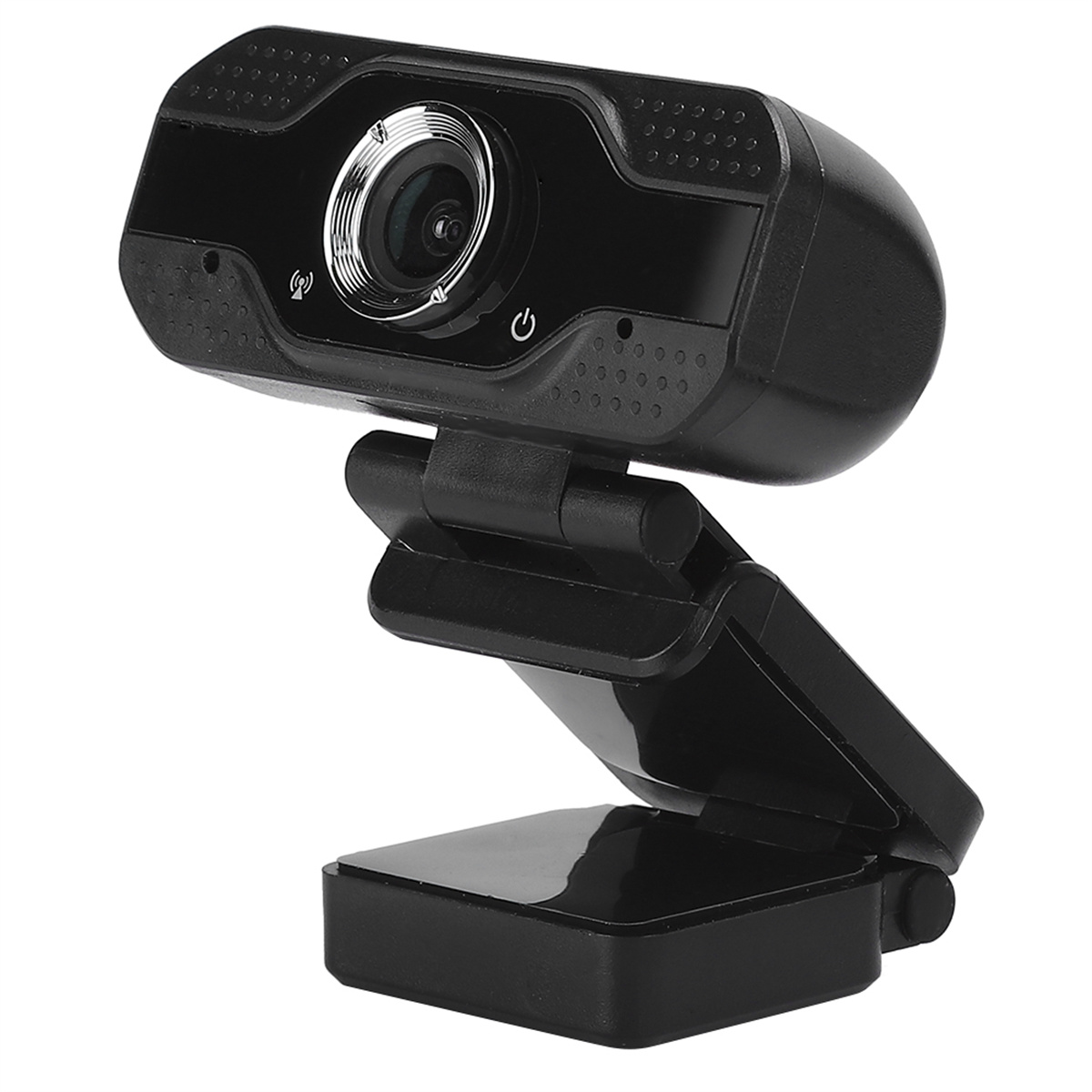 Schwarze Webcam mit Objektiv und Ständer. Mit Ein-/Aus-Taste und Mikrofonsymbol.