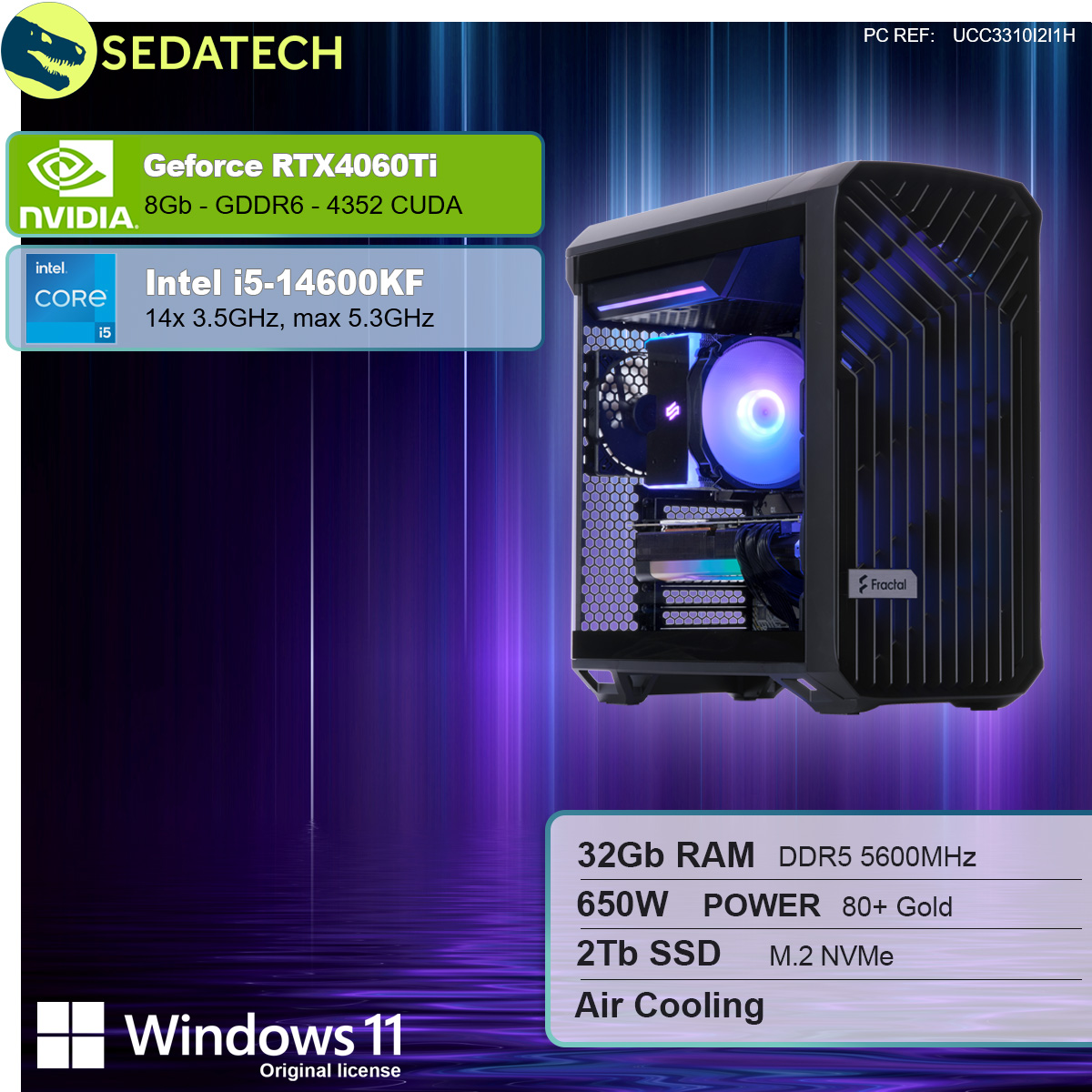 Computer-Tower mit sichtbaren Komponenten, Etiketten mit Spezifikationen und Nvidia/Intel Logos.