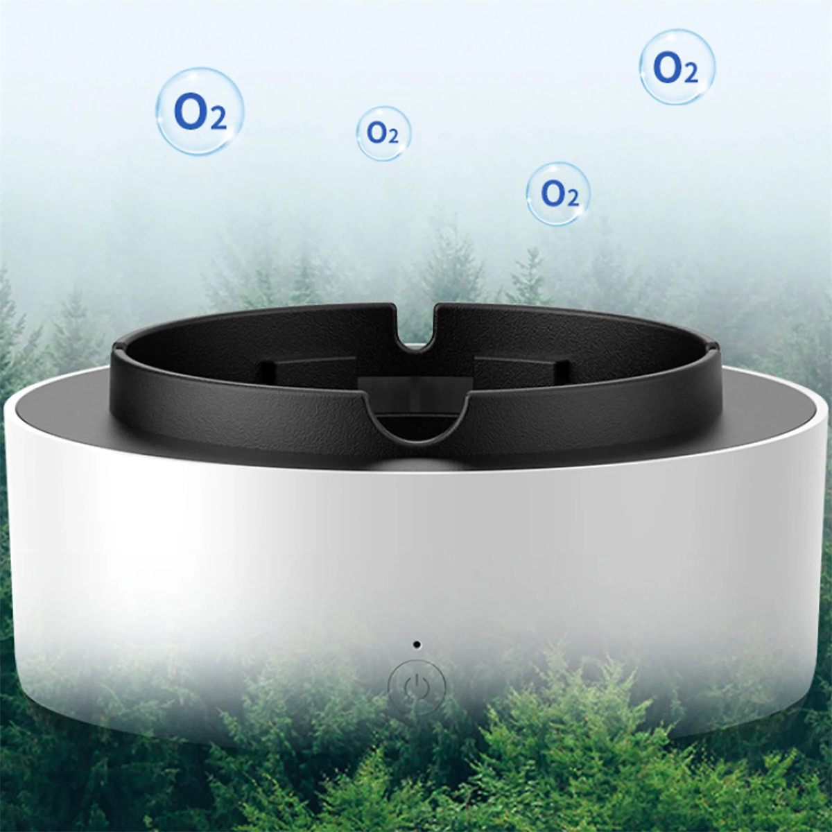 Ein weißer und schwarzer Aschenbecher mit O2-Symbolen und einem Hintergrund aus Bäumen.