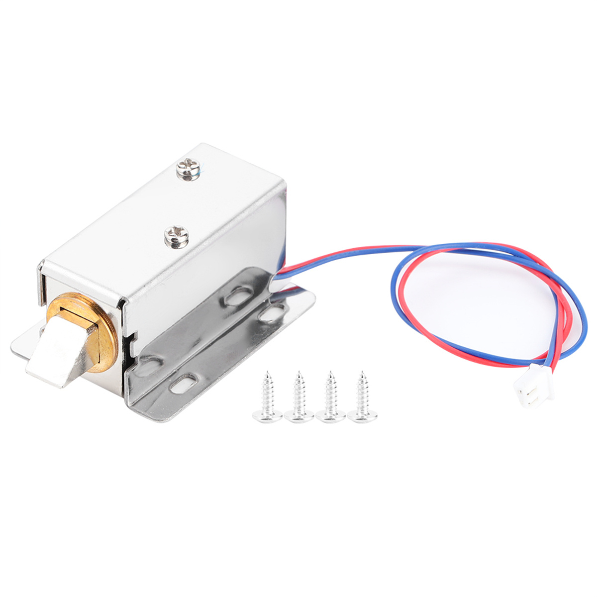 Ein silbernes elektronisches Türschloss mit Schrauben, Drähten und einem goldfarbenen Hebel.