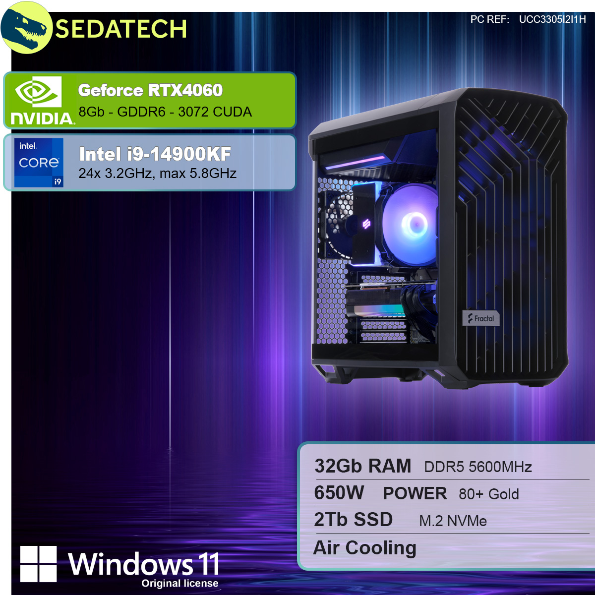 PC con lato in vetro. I componenti includono scheda grafica, CPU e sistema di raffreddamento. Sfondo viola. Testo con specifiche e logo Windows.