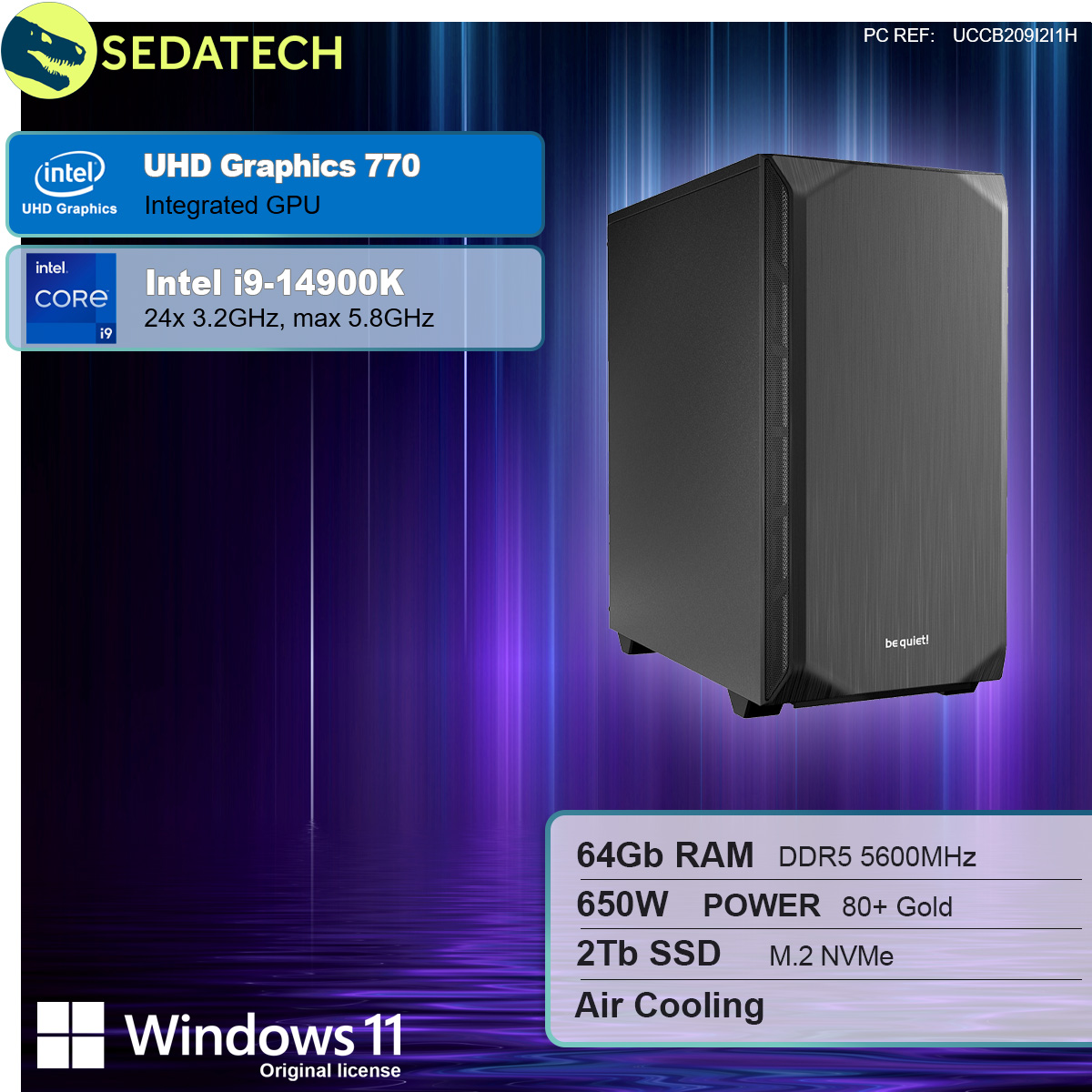Ein schwarzes Computergehäuse mit Spezifikationsgrafiken, einschließlich Prozessor und Grafikkarte.