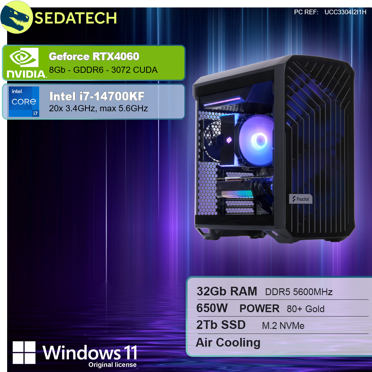 Un case PC con componenti e specifiche: GeForce RTX 4060, Intel i7-14700KF, 32GB RAM, 2TB SSD.