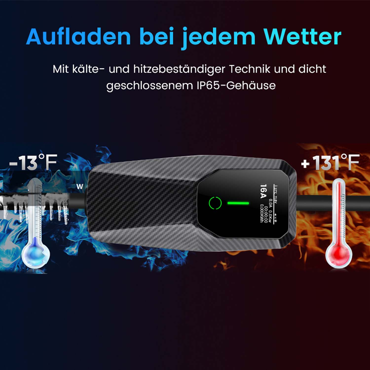 Ein Ladegerät mit schwarzem Gehäuse, mit blauen und roten Thermometern auf beiden Seiten.