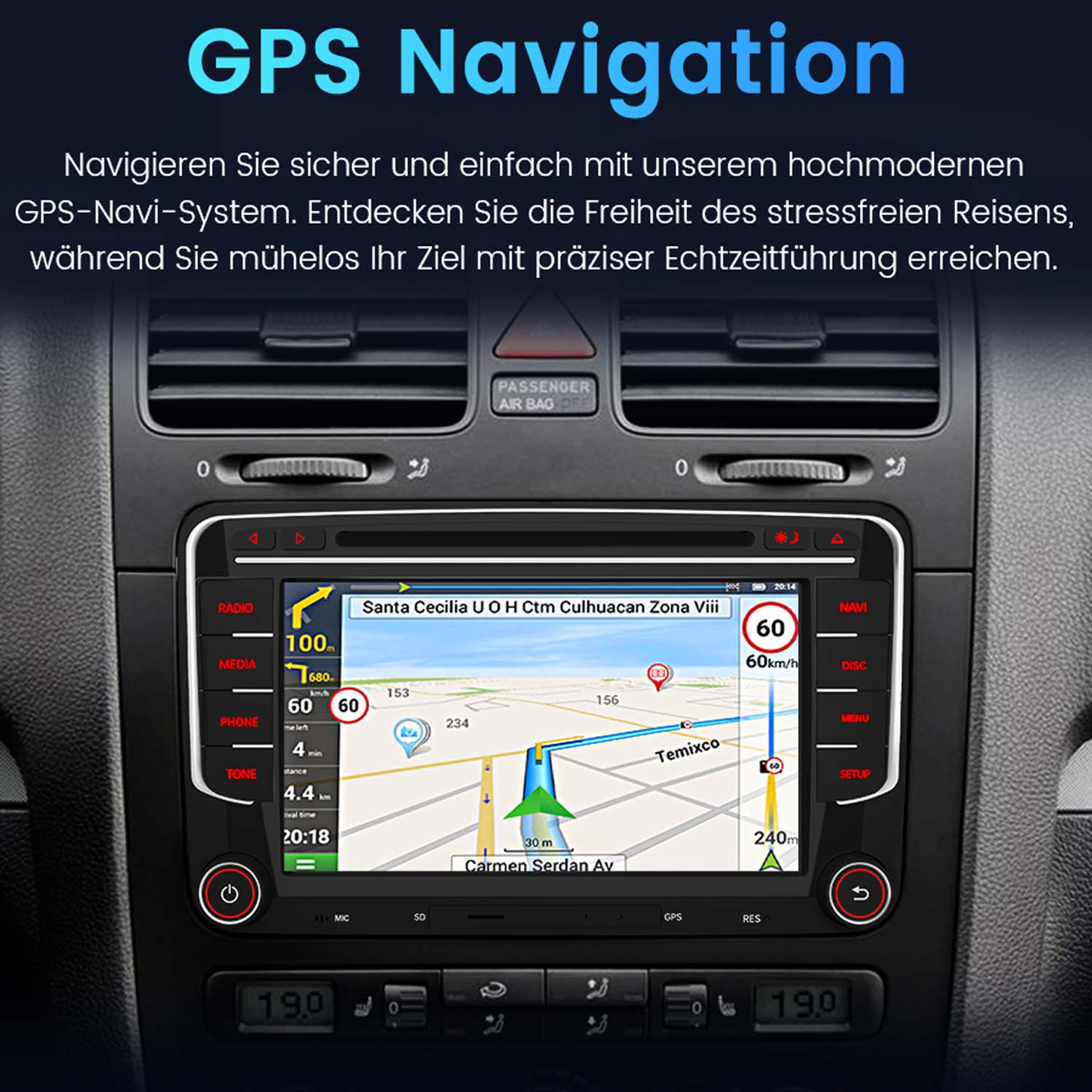 Deska rozdzielcza samochodu z ekranem nawigacji GPS. Tekst w języku niemieckim nad ekranem.