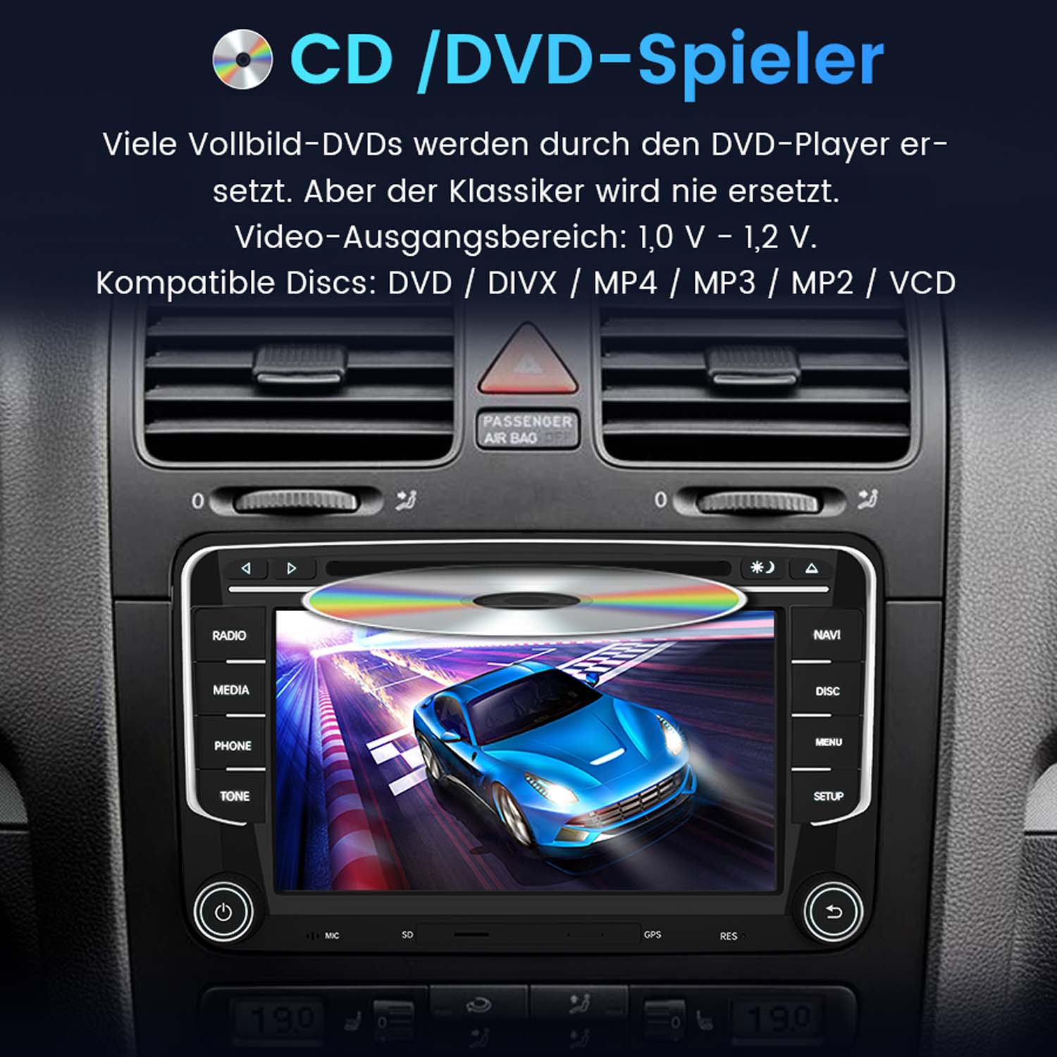 Deska rozdzielcza samochodu z odtwarzaczem CD/DVD. Ekran pokazuje obraz samochodu. Tekst wyjaśnia kompatybilność.