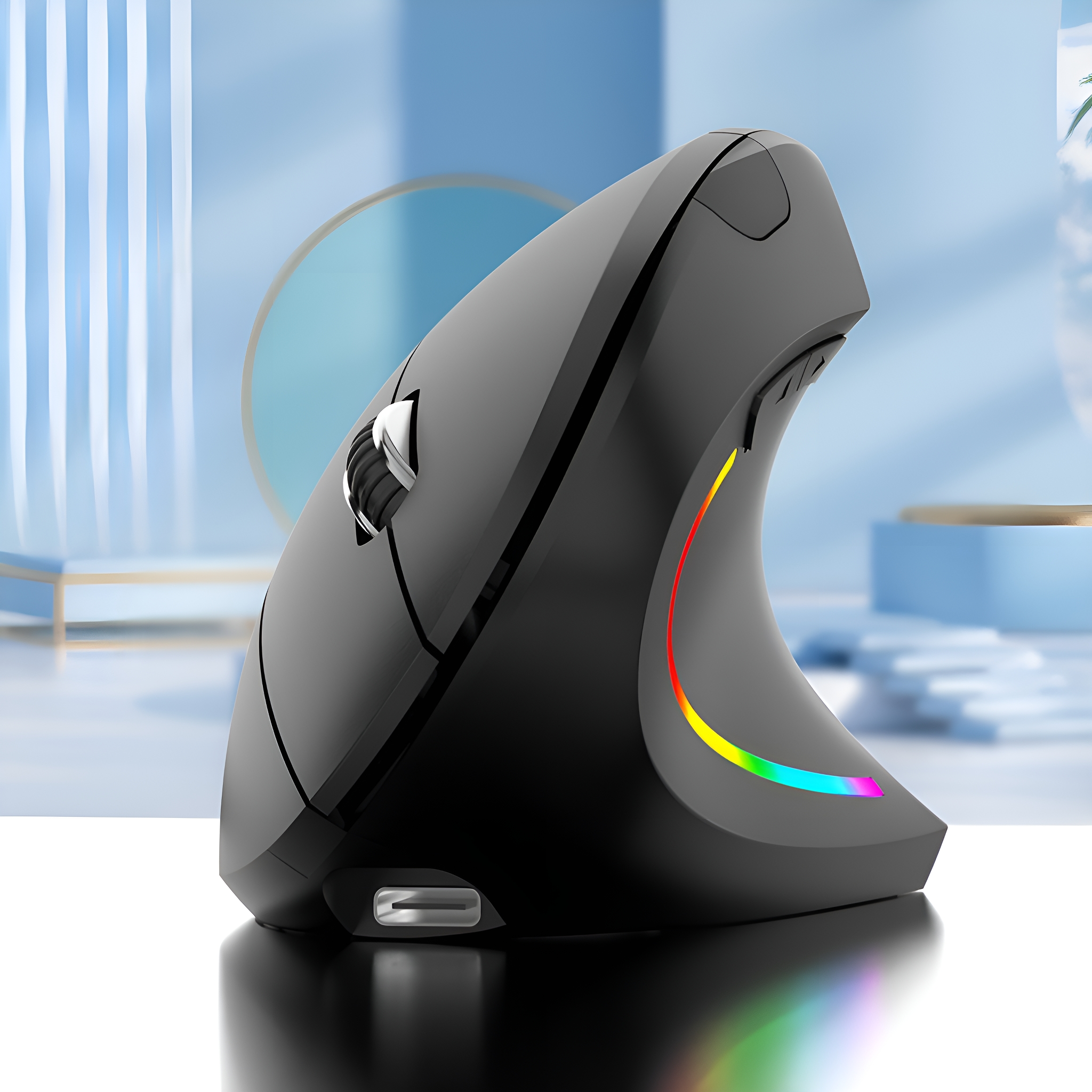 Schwarze ergonomische vertikale Maus mit Regenbogenlichtstreifen und reflektierender Oberfläche.