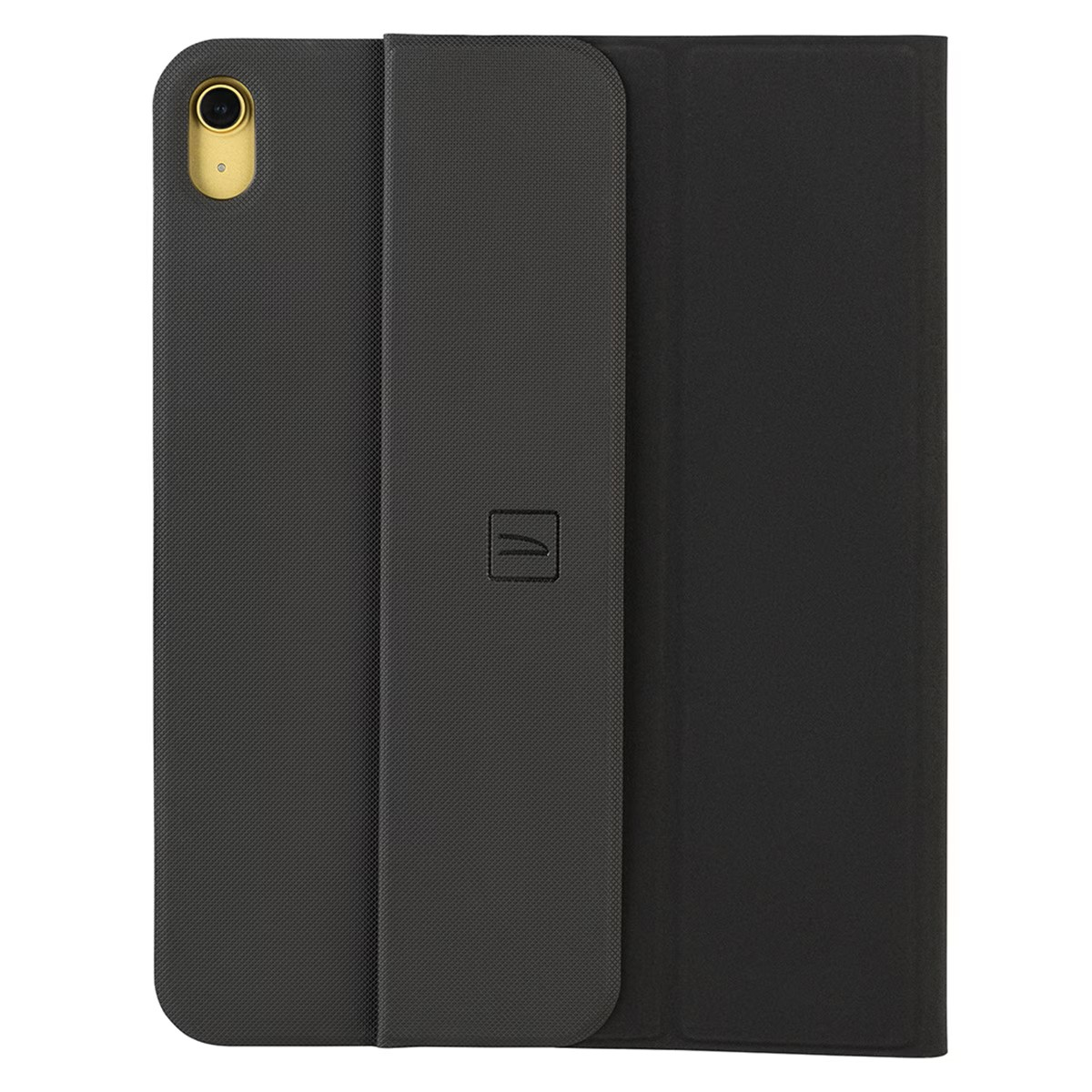 Custodia per tablet nera, aperta. La custodia è grigio scuro con interno nero.