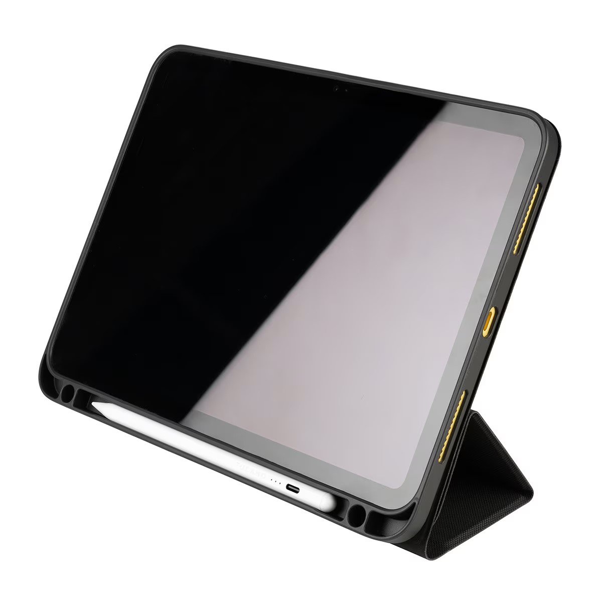 Tablet nero su custodia nera. Una penna bianca è accanto al tablet. La custodia è sollevata.