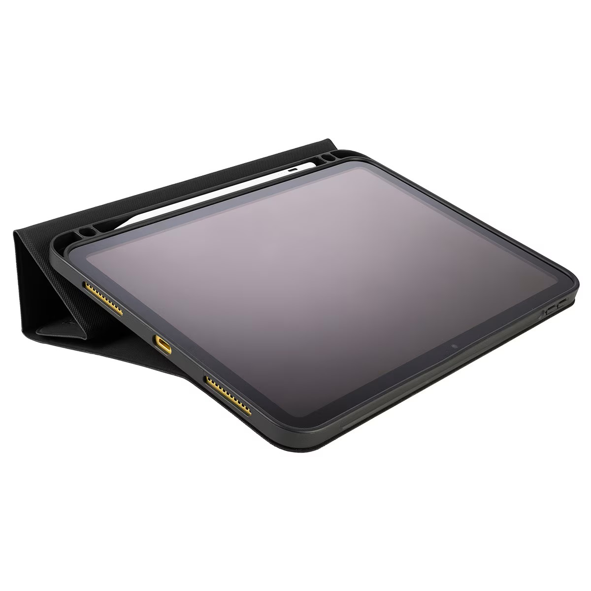 Un tablet nero con una penna in una custodia protettiva.