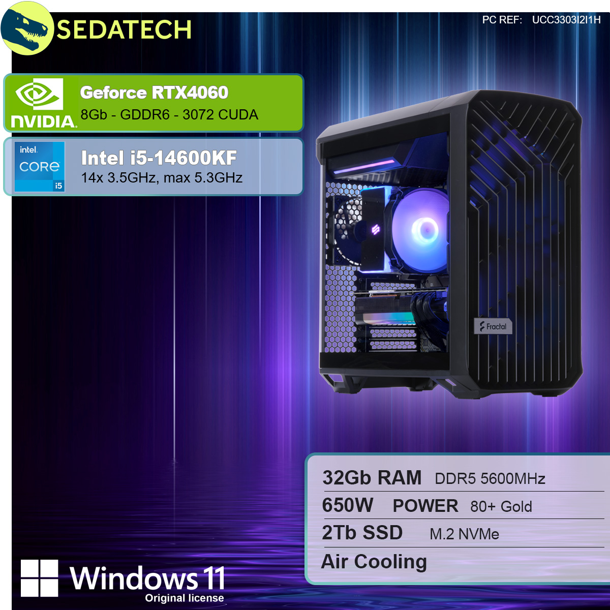 Ein PC-Gehäuse mit Komponenten im Inneren. Text: Nvidia GeForce RTX 4060, Intel i5-14600KF, 32 GB RAM, 2 TB SSD.
