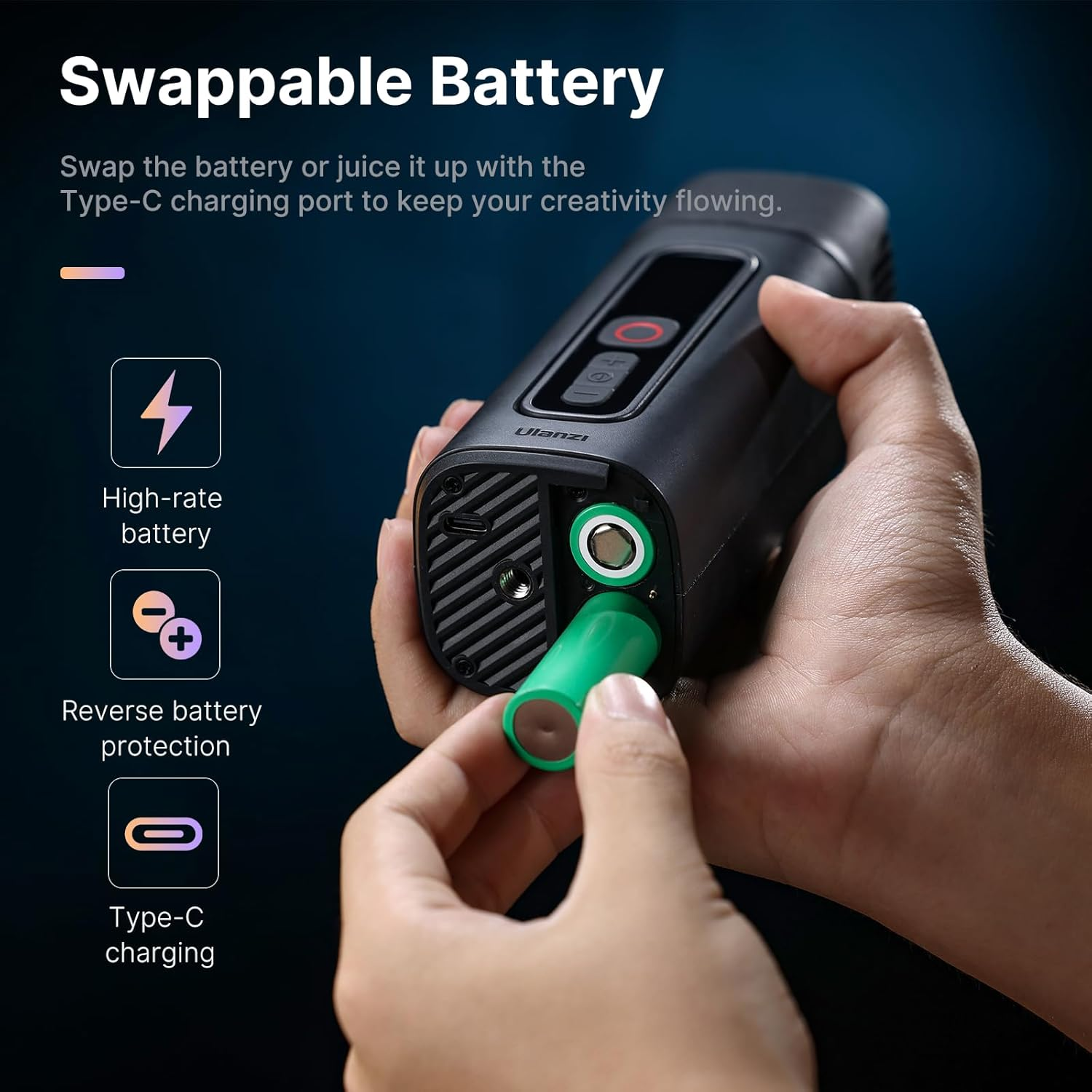 Een hand verwisselt de batterij in een zwart apparaat. Tekst toont de kenmerken van het apparaat.