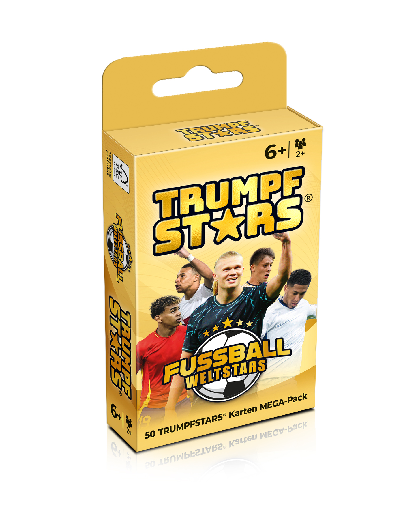 Box mit Fußball-Sammelkarten mit Spielern. Die Box ist gold und weiß.
