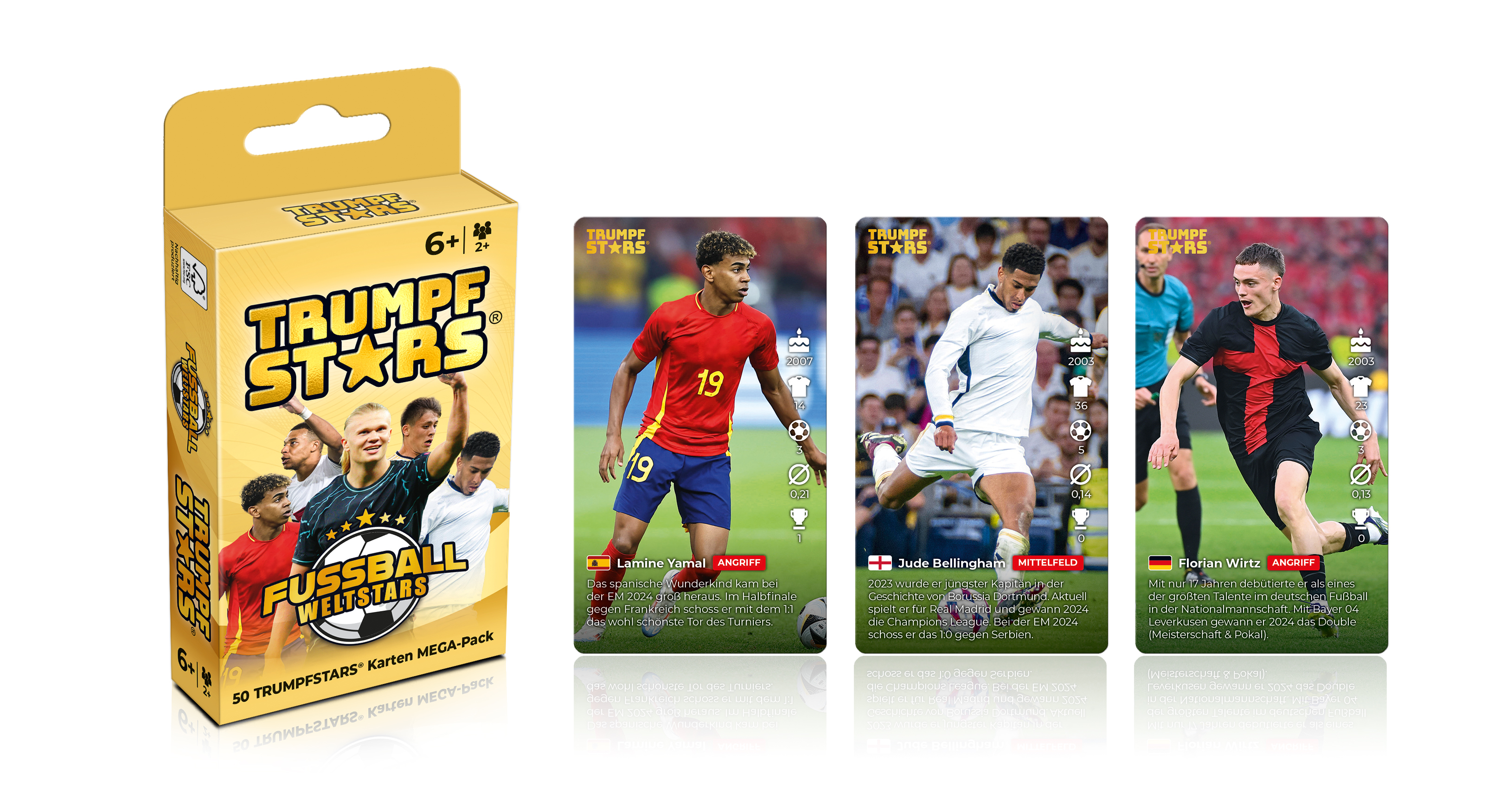 Sammelkartenpackung mit Fußballspielern. Karten mit Spielerfotos und Statistiken sind sichtbar.