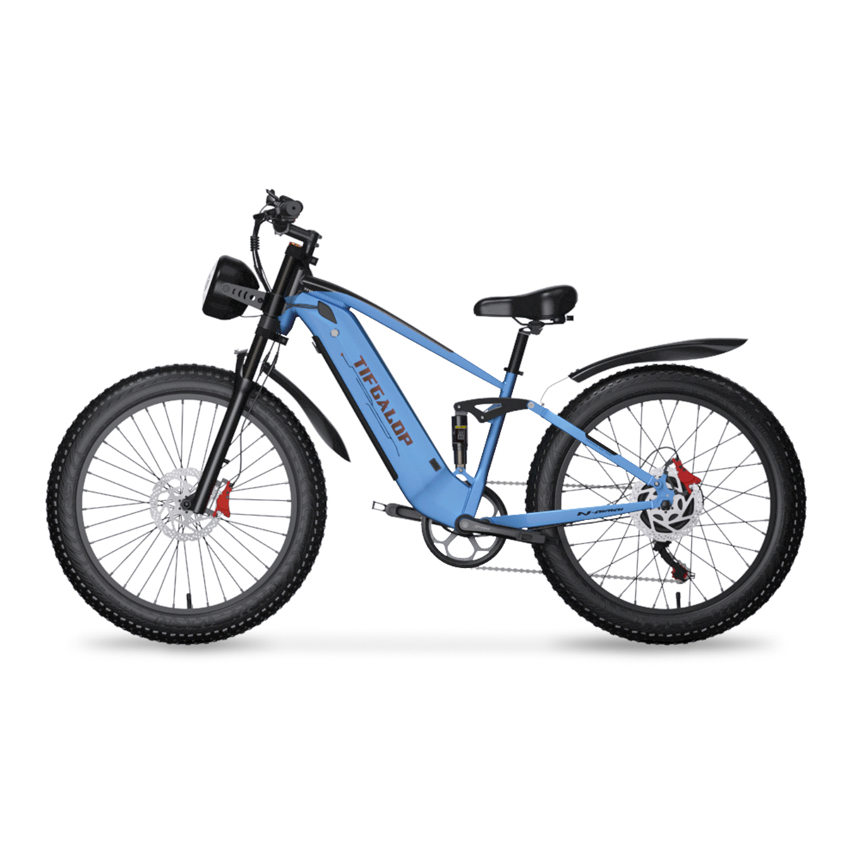 Niebieski rower górski z grubymi oponami.