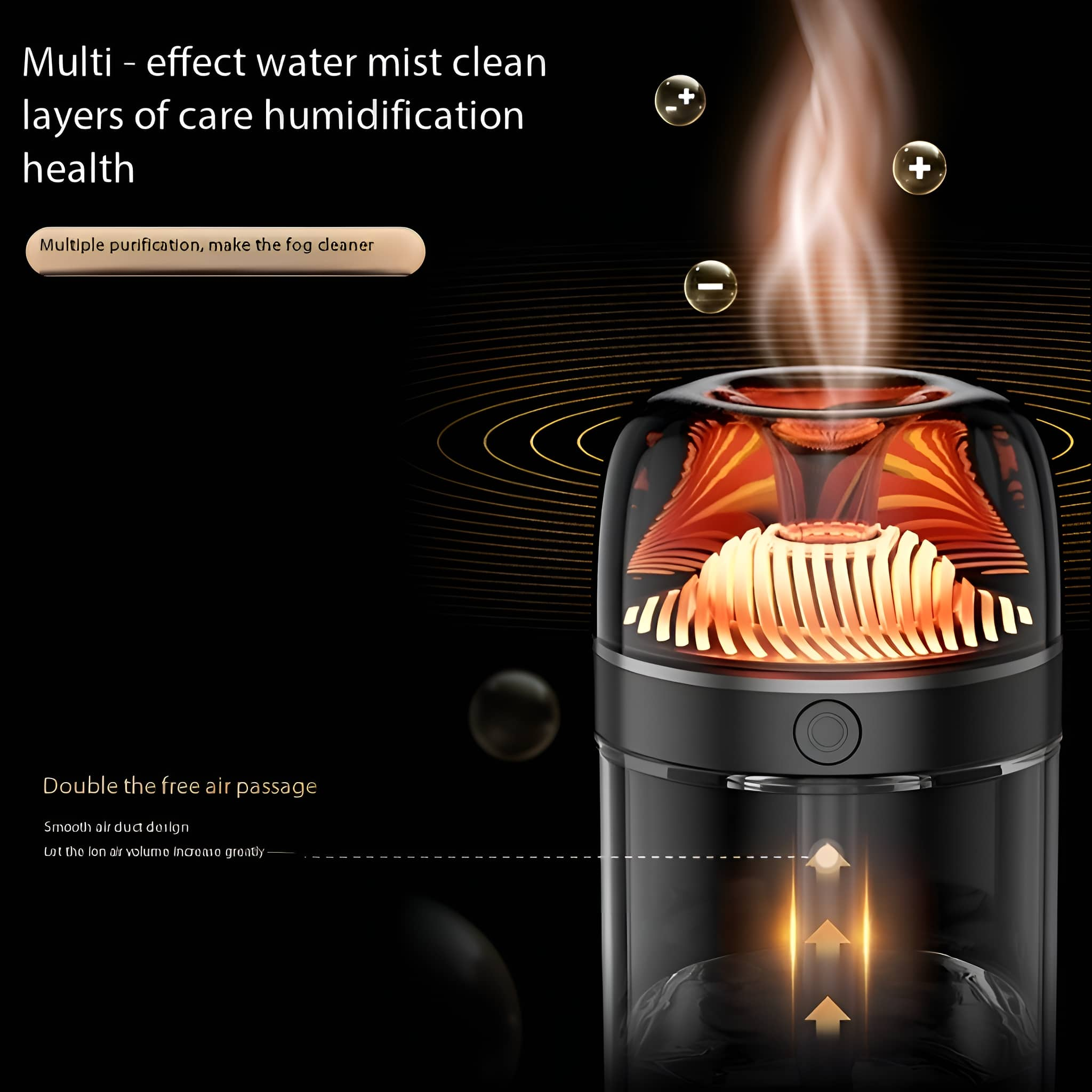Schwarzer und klarer Luftbefeuchter mit Wasserdampf und Text.