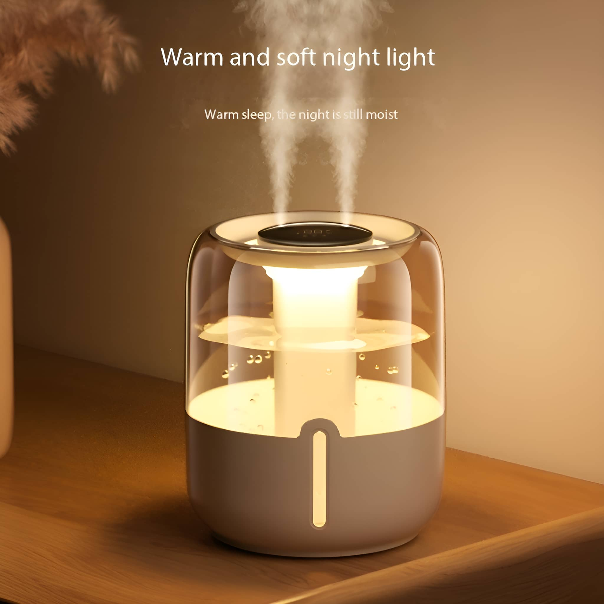 Ein weißer und klarer Luftbefeuchter mit Licht im Inneren, der Dampf abgibt.