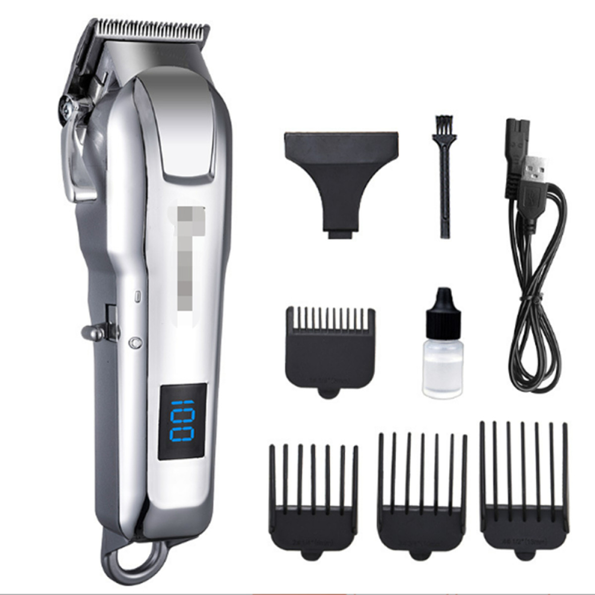 Srebrna maszynka do strzyżenia włosów z wieloma nasadkami, w tym osłonami i kablem do ładowania.