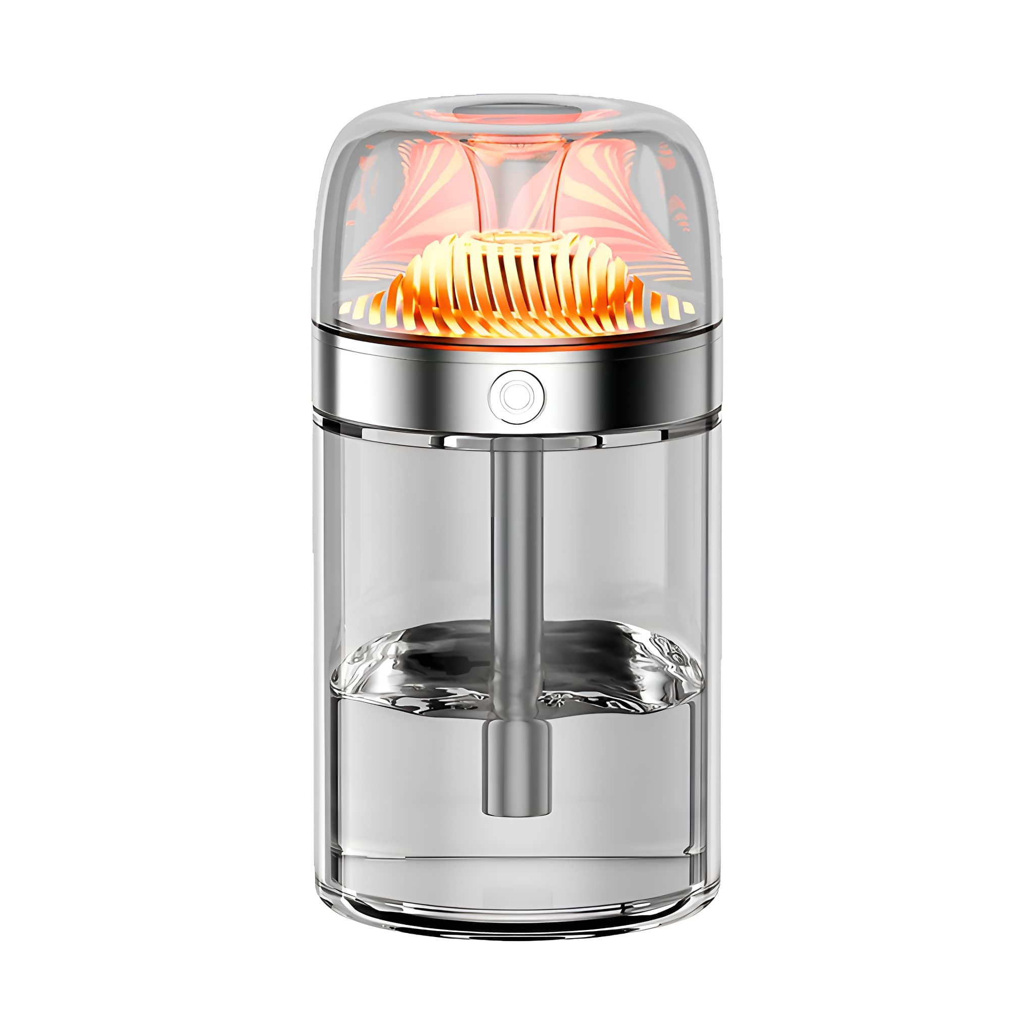 Transparenter Luftbefeuchter mit Wasser, beleuchtetem Innenraum und silberner Basis. Orangefarbenes Licht leuchtet von oben.