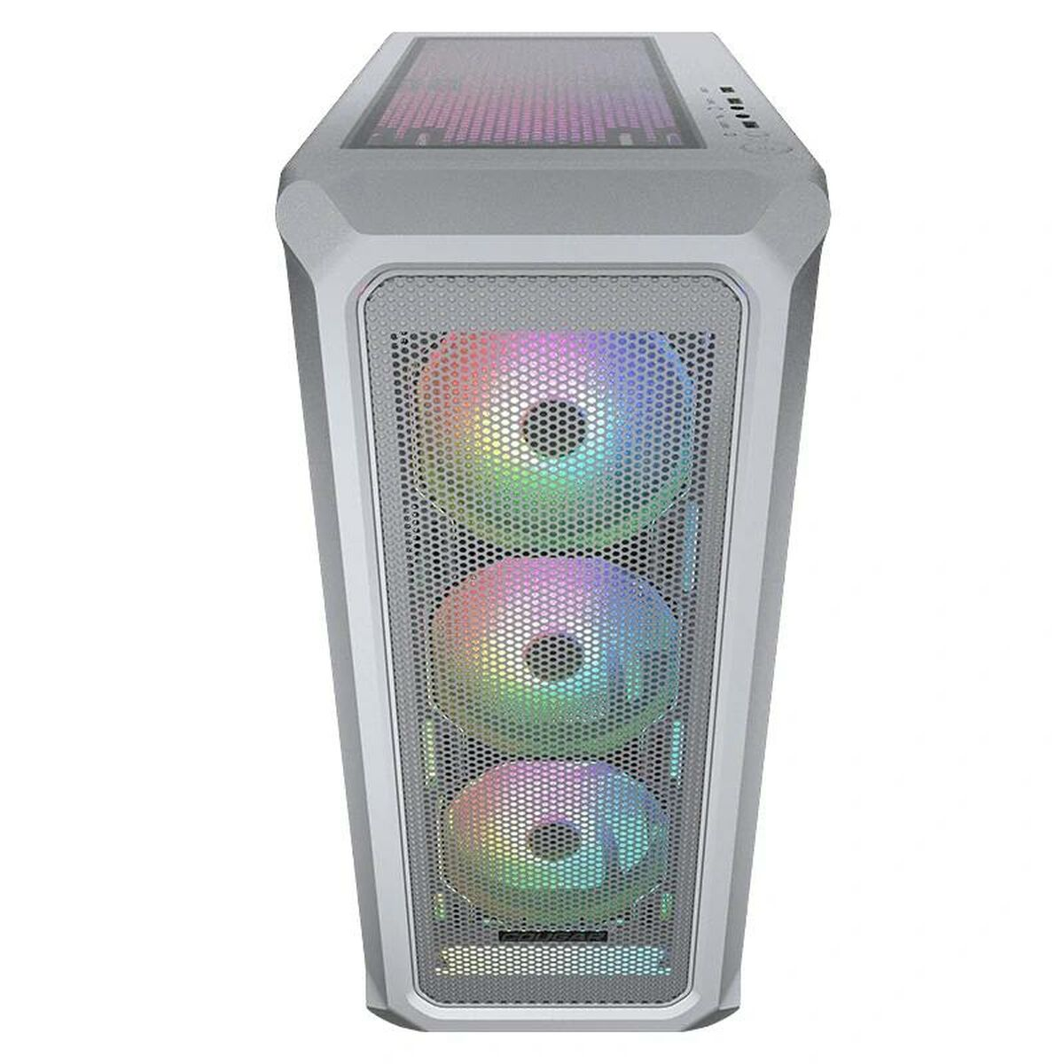 Un case per computer con tre ventole colorate. La parte anteriore ha un design a rete.