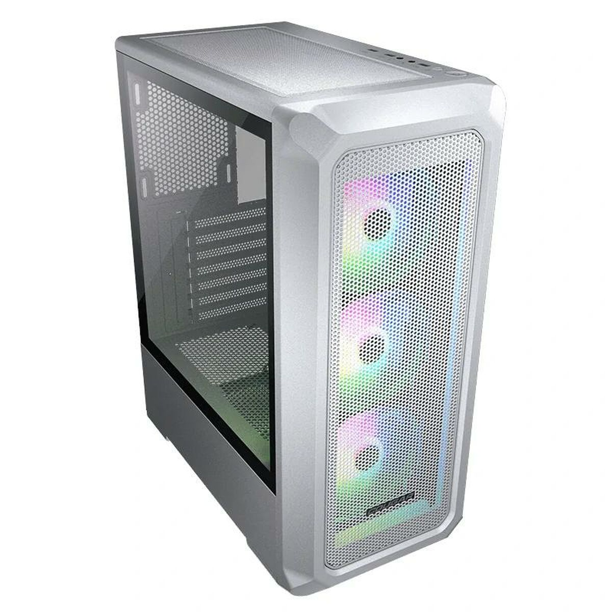 Case per computer argento con frontale a rete e lato in vetro. Sfondo bianco.