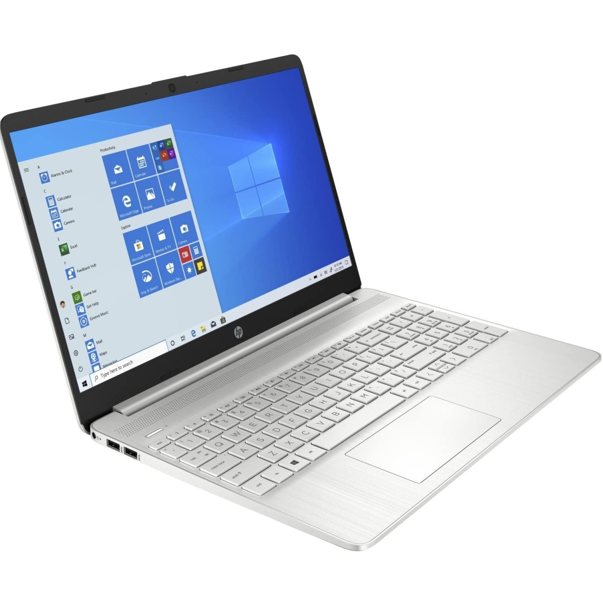Silberner Laptop mit geöffnetem Bildschirm, der einen Windows-Desktop anzeigt.