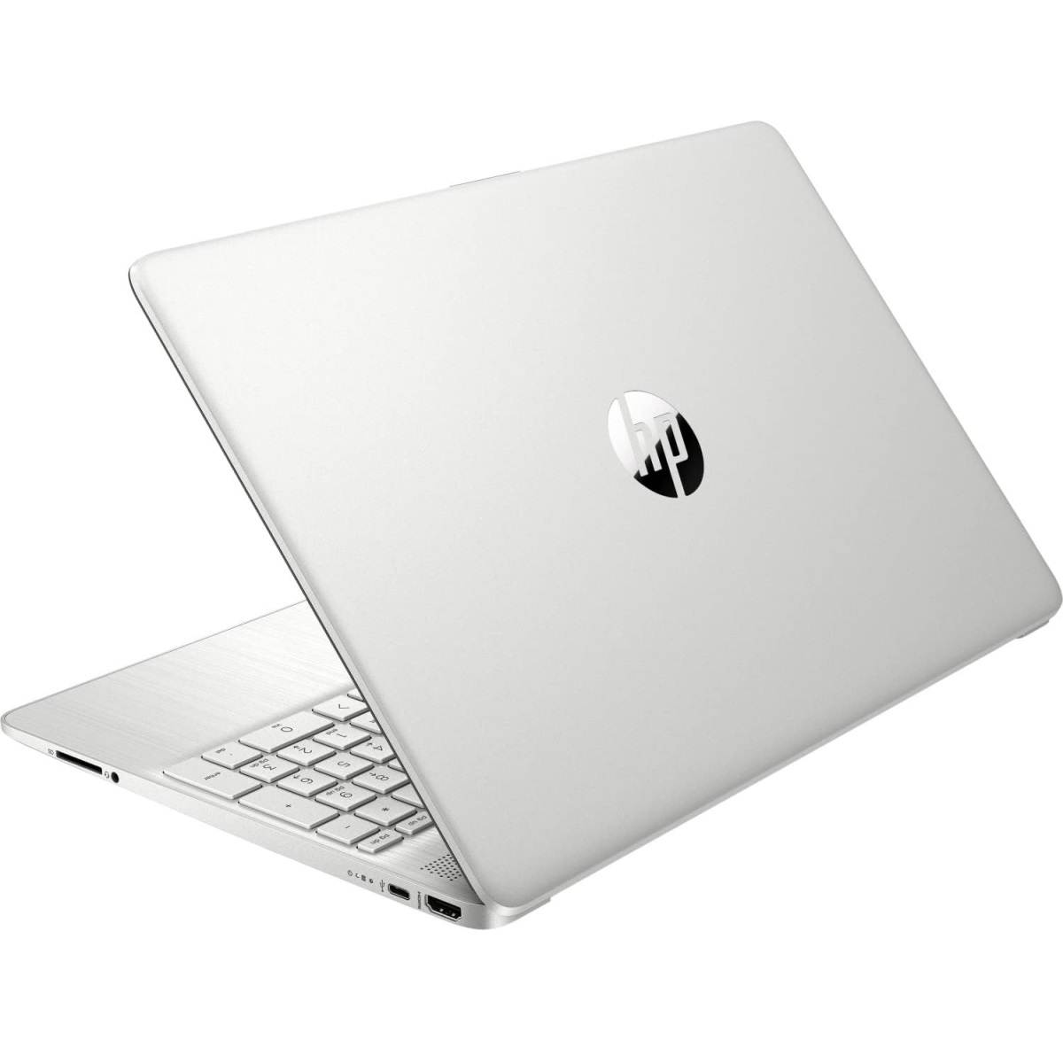 Silberner Laptop mit sichtbar HP-Logo. Die Rückseite des Laptops ist sichtbar.